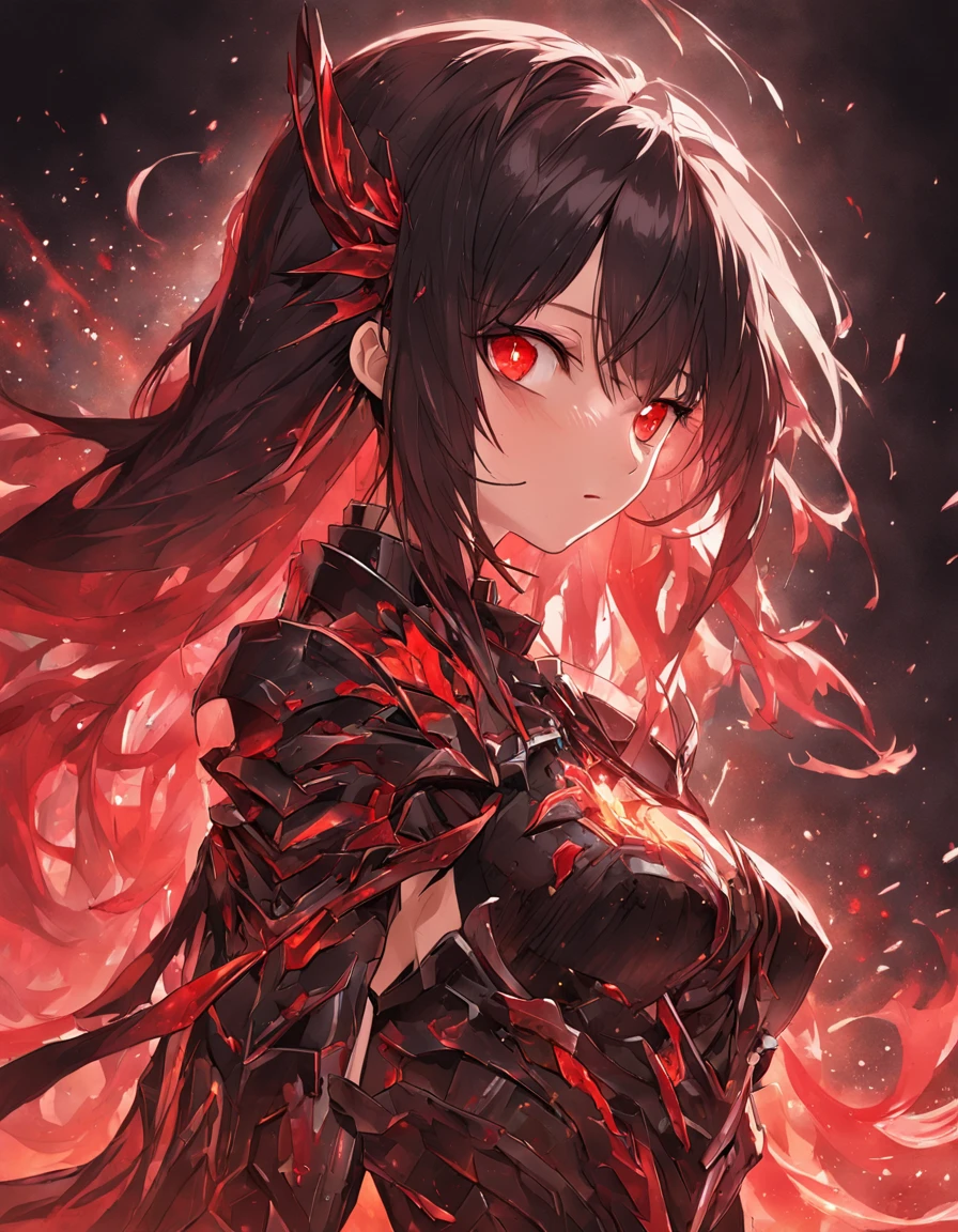 ((Masterpiece)), (illustration), (A high resolution), (((Best quality))), ((Ultra-detailed)), Depth of field, profile, ((Bust Up Shot)), looking at viewert, (1girll), (Solo), Expressionless, ((a beauty girl)), (Beautiful detailed red eyes), (Disheveled hair), Black hair, ((Medium breasts)), hair between eye, Long hair, (complex pattern), ((sharp black armor)), ((Sharp black shoulder armor)), (Gorgeous shoulder armor), (Red shiny rune details on armor), (Red torn cloak), (废墟), Cloud, (Sunset), lighting particle, (breeze), ((embers)), Detailed background, (Surrounded by many beautiful details red crystals), Mountain,