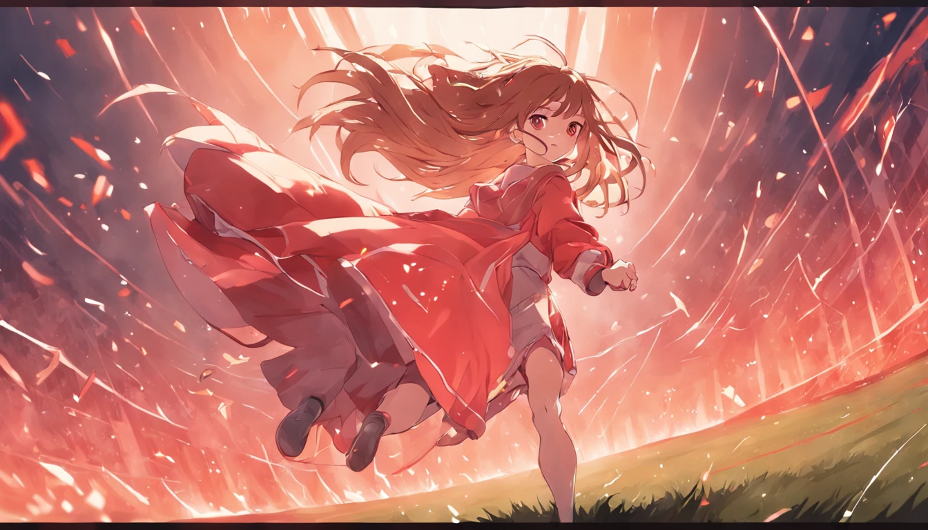 A full-body shot of Mia running down the field, her long hair flying behind her as she kicks the ball towards the goal.