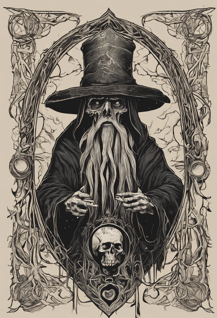 Crie um desenho aterrorizante de um bruxo bruxo. This wizard is a being of darkness, his face is skeletal, com olhos afundados e sem pupila, apenas uma chama ardente. Their skin is stretched like parchment and covered in mysterious runes that seem to move. on the headpiece, He wears a wide-brimmed hat, cujas sombras escondem seu rosto, e pingando dele pingando com cera derretida, as if the hat were a lit candle. His torn black cloak seems to be made of living shadows that stretch to infinity. The wizard holds a twisted staff with a human skull at the end, e um escuro, viscous substance oozes from the skull. Around it is a circle of candles that burn in green flames and exude a sulfurous smell. The background is dark and full of sinister shadows.