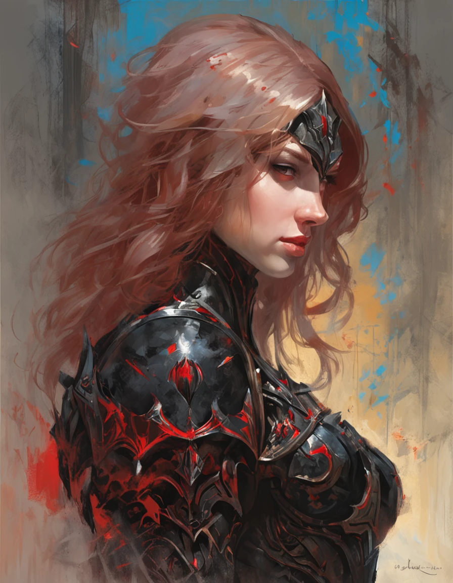 ((Masterpiece)), (illustration), (A high resolution), (((Best quality))), ((Ultra-detailed)), Depth of field, profile, ((Bust Up Shot)), looking at viewert, (1girll), (Solo), Expressionless, ((a beauty girl)), (Beautiful detailed red eyes), (Disheveled hair), Black hair, ((Medium breasts)), hair between eye, Long hair, (complex pattern), ((sharp black armor)), ((Sharp black shoulder armor)), (Gorgeous shoulder armor), (Red shiny rune details on armor), (Red torn cloak), (废墟), Cloud, (Sunset), lighting particle, (breeze), ((embers)), Detailed background, (Surrounded by many beautiful details red crystals), Mountain,