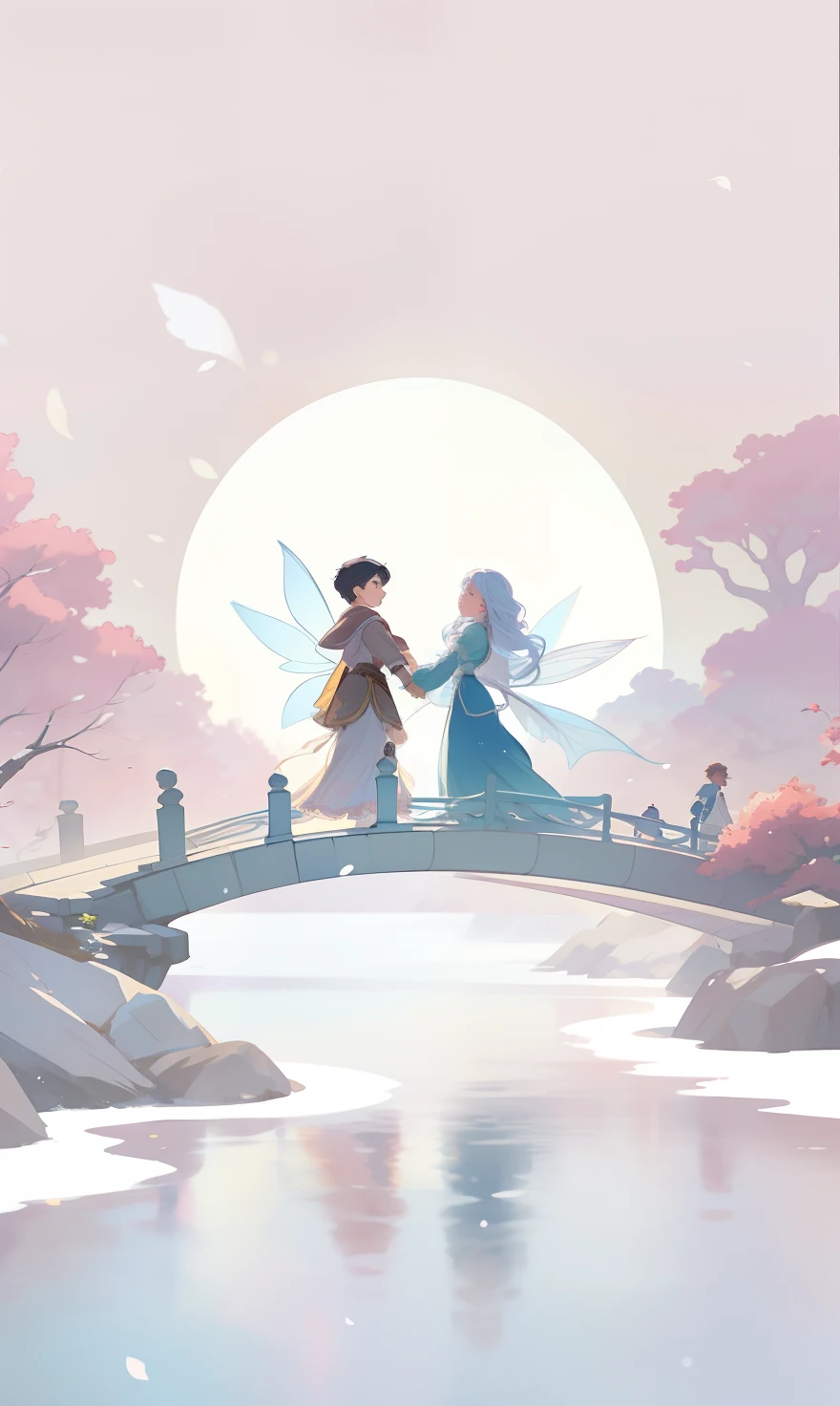 Several people stood on a bridge in the middle of the river, A beautiful artwork illustration, dreamlike illustration, fairy-tale illustration style, High-quality fanart, Soft anime illustration, blurry and dreamy illustration, boy girl traditional romance, concept art of love, background artwork, fairy tale style background, blurry and dreamy illustration, trending on cgstation