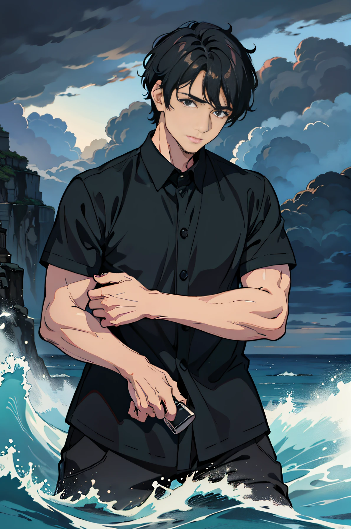 Handsome man，meticulous portrayal of face，Wear a black shirt，with short black hair，Have by the sea，（It was raining heavily），dark stormy clouds