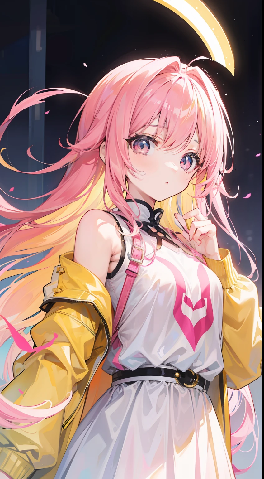 Long dreamy shiny light pink yellow hair,Pink and yellow with white clothes,Milky,The eyes are pink-yellow,It's a cute girl