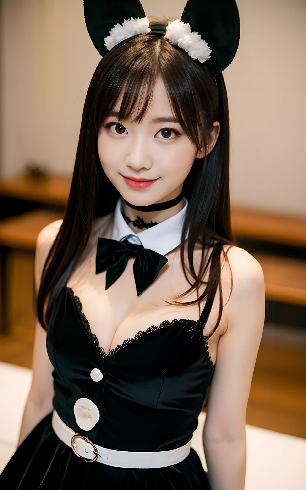 8K,  Black velvet bunny girl costume, velvet, a 20 yo woman, Bokeh background, bokeh feeling,  girl's own room, A smile, de pele branca, Cute  girl s, breasts on table, White choker and black bow tie, White cuffs, two side up