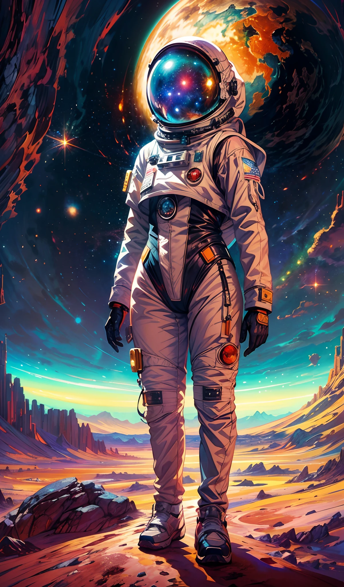 " full body, mid shot, centered, concept art, 1girl, wearing astronaut suit, award-winning masterpiece, rendered in anime style with an oil painting effect. (The vibrant illustration captures horror in a cosmic atmosphere. The wide shot of the desert location is showcased in high definition and astonishing 64K resolution), panoramic, ."
