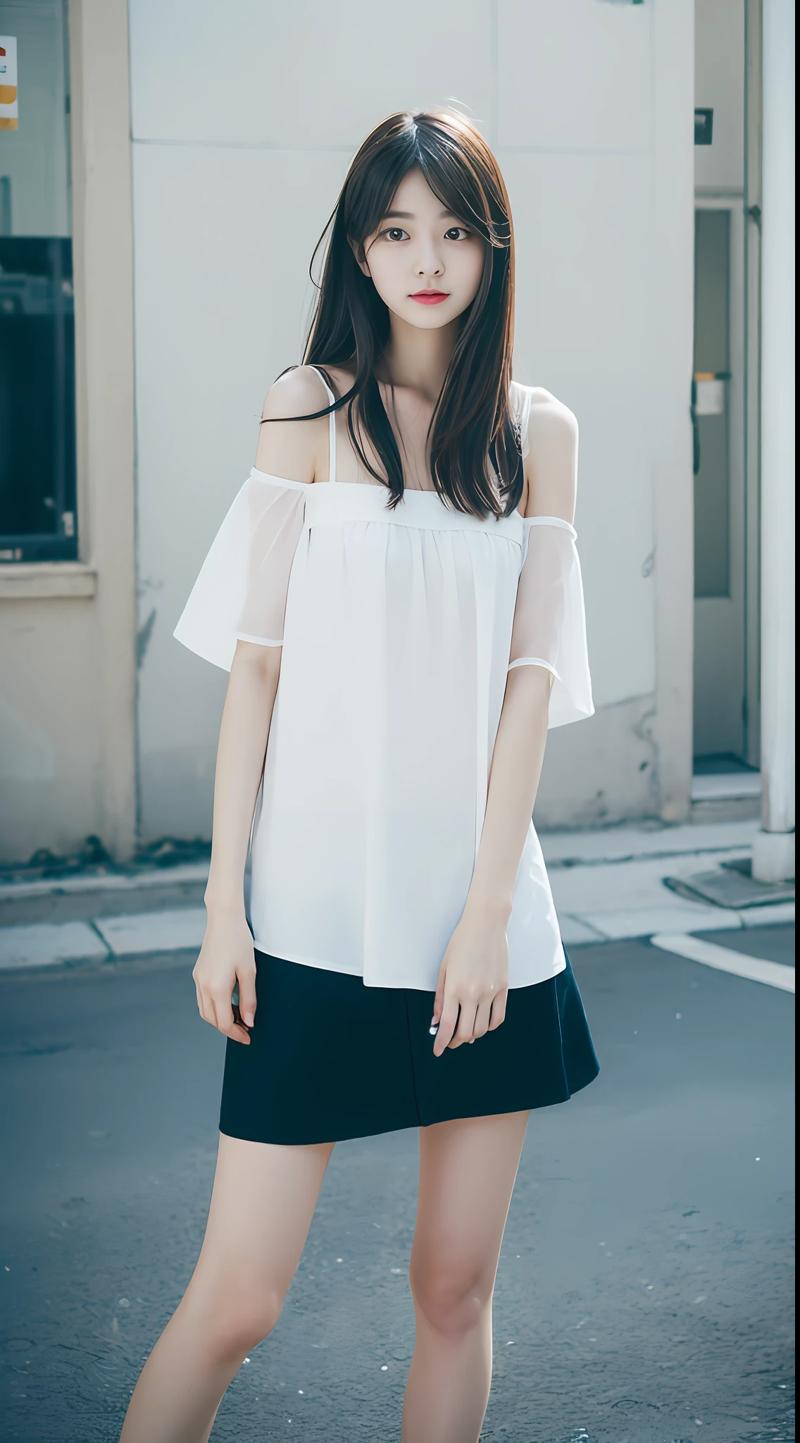 top Quority,Ultra-clear resolution,Clear eyes,plain face,s the perfect face,White skin,Perfect chest,with perfect legs,Long legs,Short black style skirt,Random environment