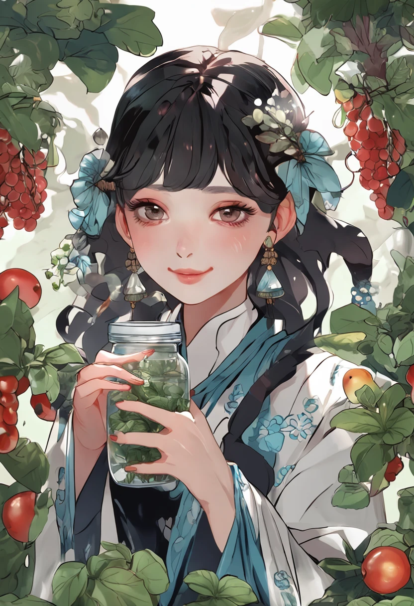 (masterpiece, best quality), 1 girl, Chinese dress, upper body, makeup, hair ornament, black hair, holding a blueberries and mint leaves on each hand, fruit, berries, detailed face, beautiful, perfect face, glass jar full of liquid in the background.