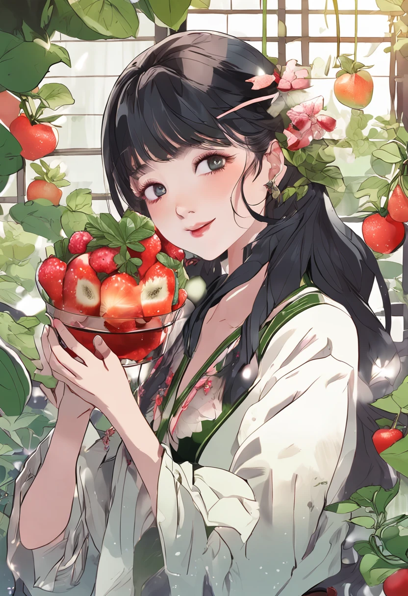(masterpiece, best quality), 1 girl, Chinese dress, upper body, makeup, hair ornament, black hair, holding a blueberries and mint leaves on each hand, fruit, berries, detailed face, beautiful, perfect face, glass jar full of liquid in the background.
