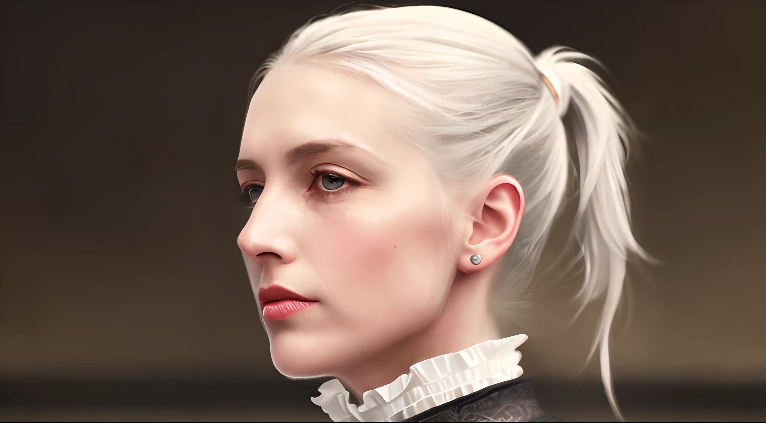 Handsome girl, (From_Side:1.3) (standing:1.22) White hair , Side_pony tails , victorian age , (Realistic:1.4), Masterpiece, High quality, Realistic lighting, center of frame, 8K, hdr, amator, (freckle:0.84) , Professional photography, Masterpiece