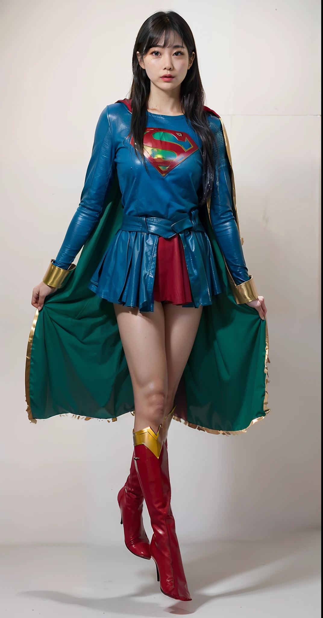 creates a realistic image of a superheroine, the main color of her costume is green and the secondary color of her costume is light blue, used in the cape, skirt and boots, providing a striking contrast with the green of the body. the skirt is short because the butt of the superheroine is very biggest the skirt is short