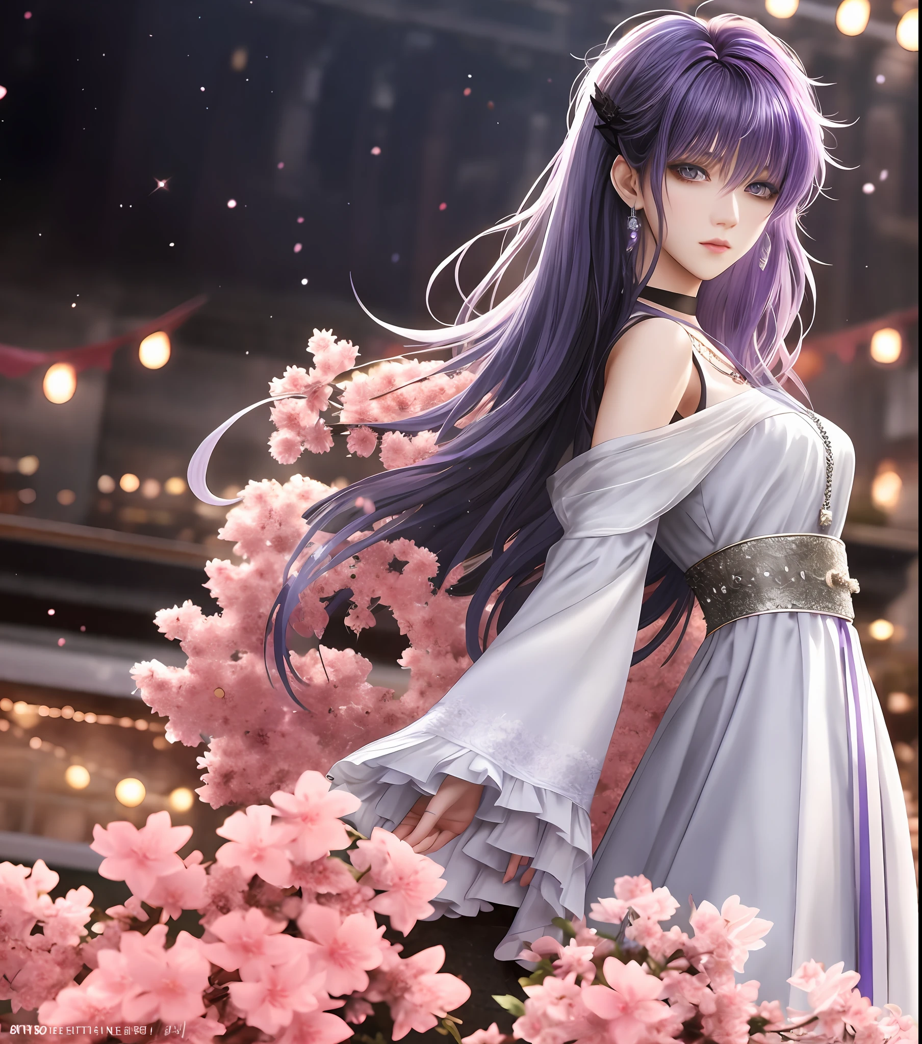 (logo、masterpiece、8k、table top、RAW photo、wonderful、最high quality、Photorealistic and hvery detailed CG integrated 8k wallpaper、high quality、very detailed、Narrative poem、particle effects、dynamic effects、written boundary depth、cinematic light、Lens flare、ray tracing)、fantasy、 (1 beautiful woman、light pink hair、beautiful face、real face、beautiful detailed eyes、beautiful skin、woman dancing gracefully:1.7、woman dancing gracefully:1.7)、Hair flutters in Wind、hair bouncey hair dances in the wind、hair jump、halter neck、leather pants、leather jacket、silver earrings、night、Wind、darkness、snow and hoarfrost、very cold winter day、snow-capped mountainや森、hoarfrost、snow-capped mountain々、The beauty and brilliance of frost-covered trees、Serenity and beauty meadow of ice and snow world、vast land、Lakeside、wonderful scenery、Beautiful natural wind scenery、night sky、Wind、cherry blossoms、cherry blossomsの花びらが舞っている、SakuraFubuki、falling petals
