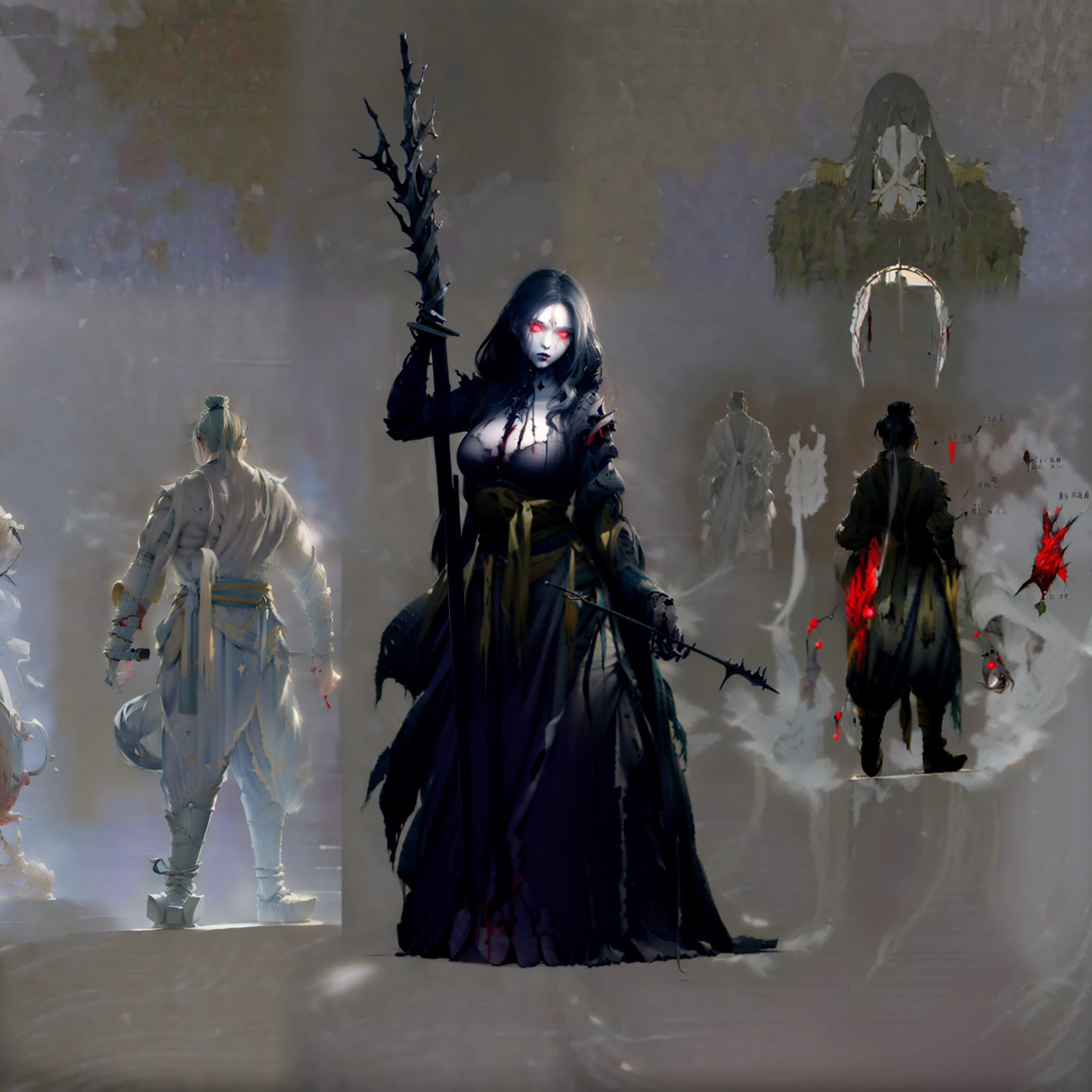 Masterpiece,Exquisite,Realistic style,Sickly dark gothic girl,She holds a steel staff,Double pupils are blood-red,Beautiful looks。Wears a blood-red sword around his waist,The left arm is replaced with a mechanical prosthesis,Wearing combat uniforms,Wear firearms。