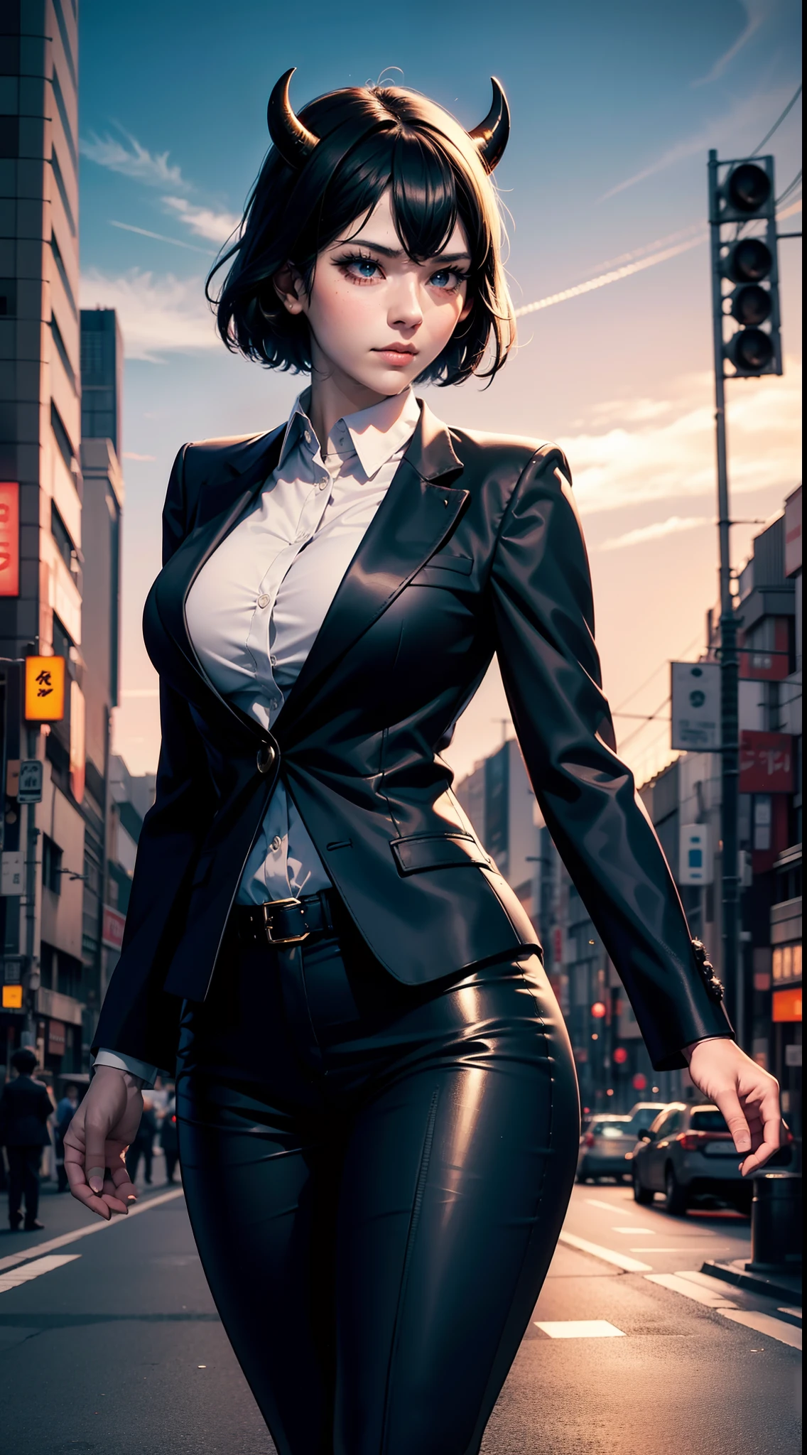 nero from anime black clover, beautiful woman, very beautiful, perfect body, perfect breasts, black hair, short hair, slightly smiling expression, has horns, wears a white formal shirt, black pants, black blazer, being in a public place, tokyo city, roadside, night, Realism, masterpiece, textured skin, super detailed, high detail, high quality, best quality, 1080p, 16k