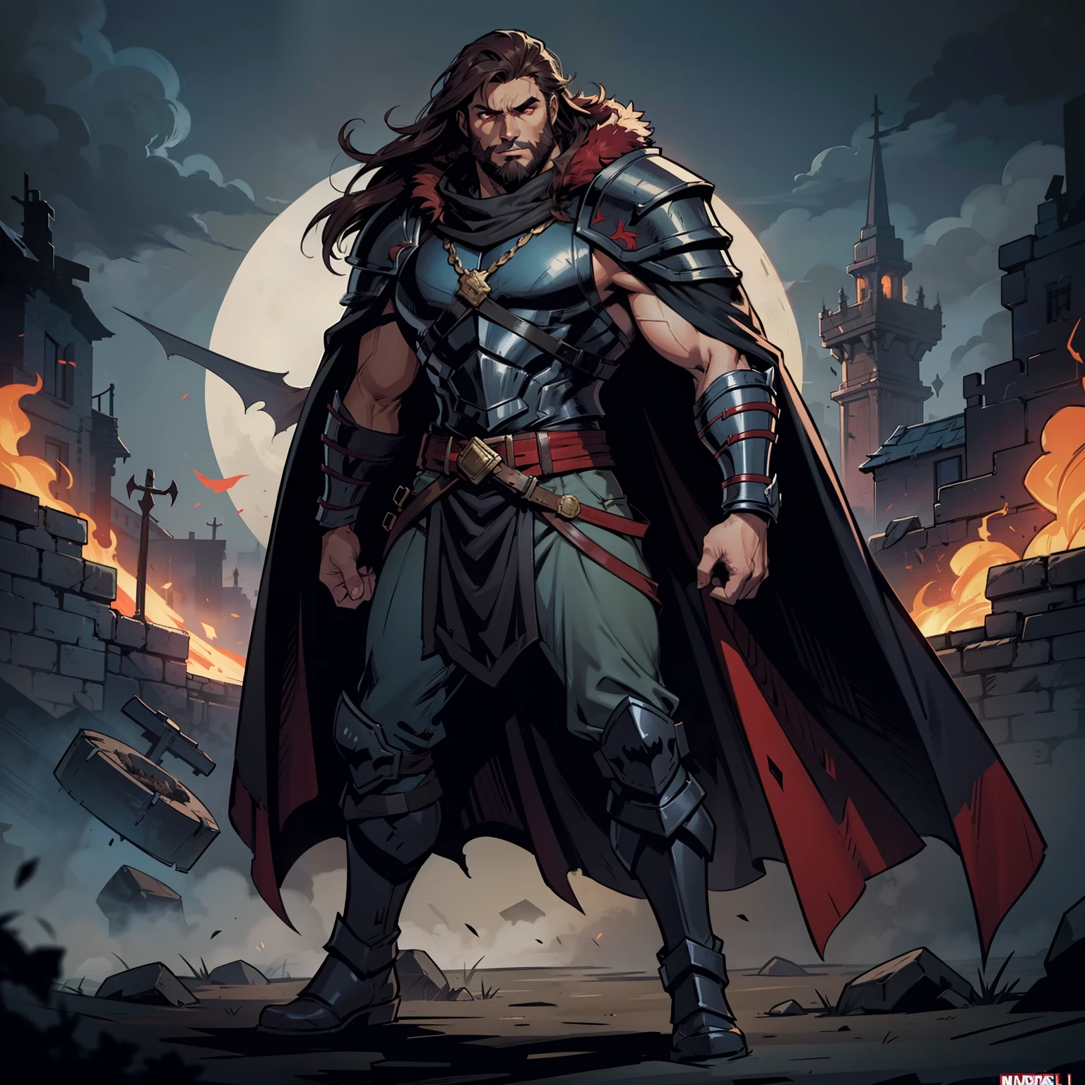 Darkest dungeon style, Sadurang from Marvel, hunk, shoulder length mane hair, defined face, detailed eyes, short beard, glowing red eyes, dark hair, wearing heavy armor, cape of furs, scaled armguards, scaled sleeves, grey pants, heavy boots