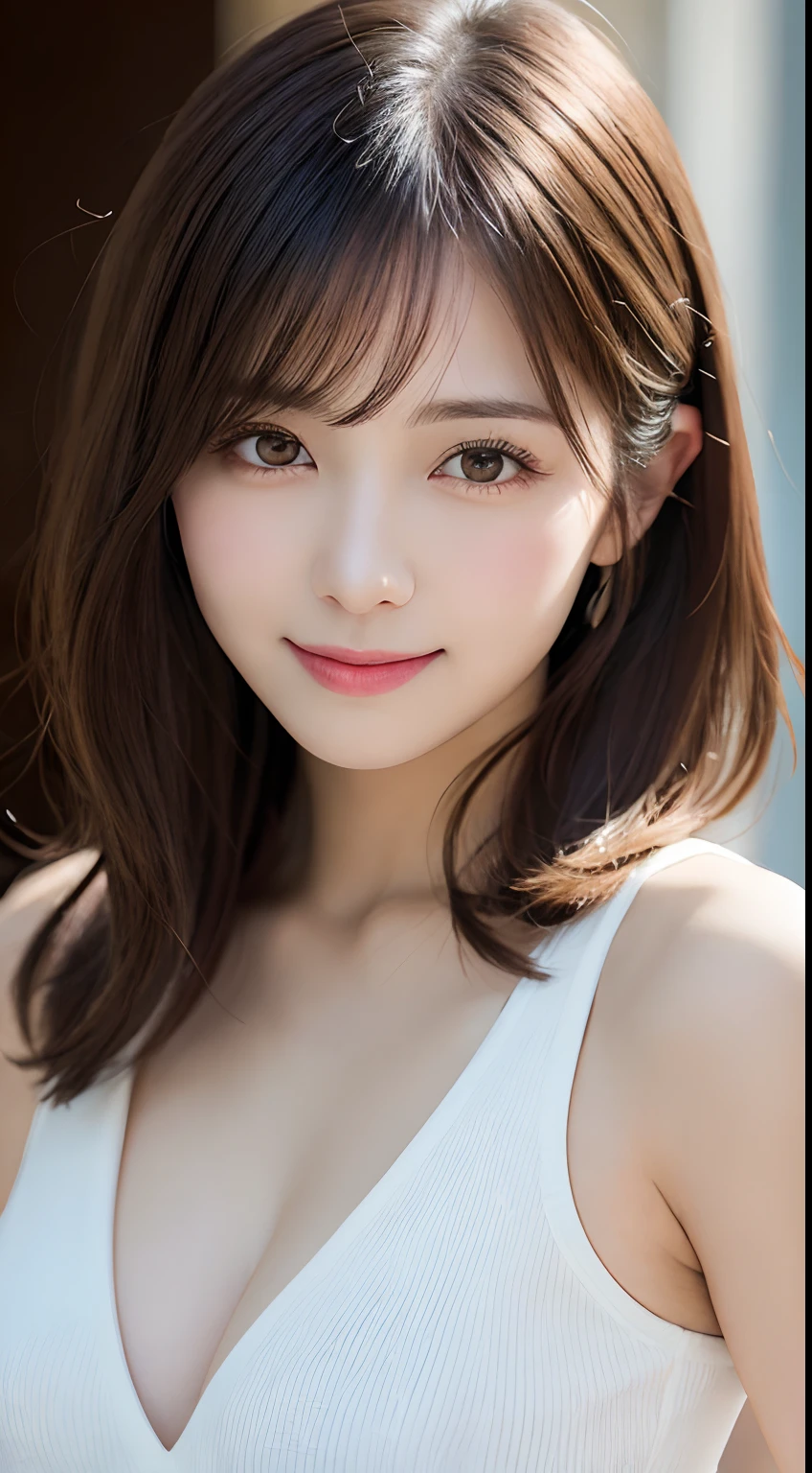 masutepiece, Best Quality, Illustration, Ultra-detailed, finely detail, hight resolution, 8K Wallpaper, Perfect dynamic composition, Beautiful detailed eyes, Women's Fashion Summer,Medium Hair,small tits、Natural Color Lip, Bold sexy poses,Smile,Yokohama、20 years girl、Cute、Sexy shot looking at camera