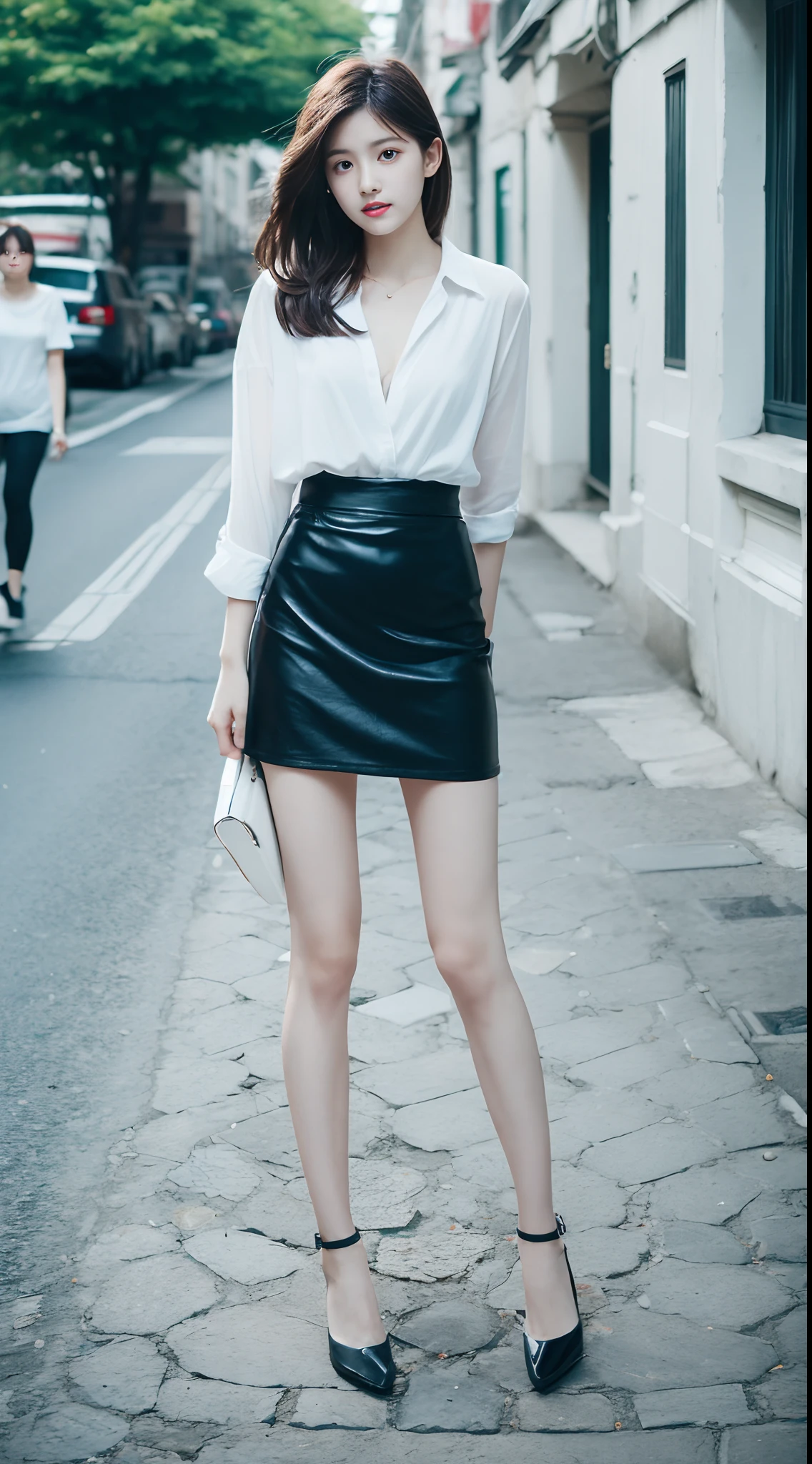 top Quority,Ultra-clear resolution,Clear eyes,plain face,s the perfect face,White skin,Perfect chest,with perfect legs,Long legs,Short black style skirt,Random environment