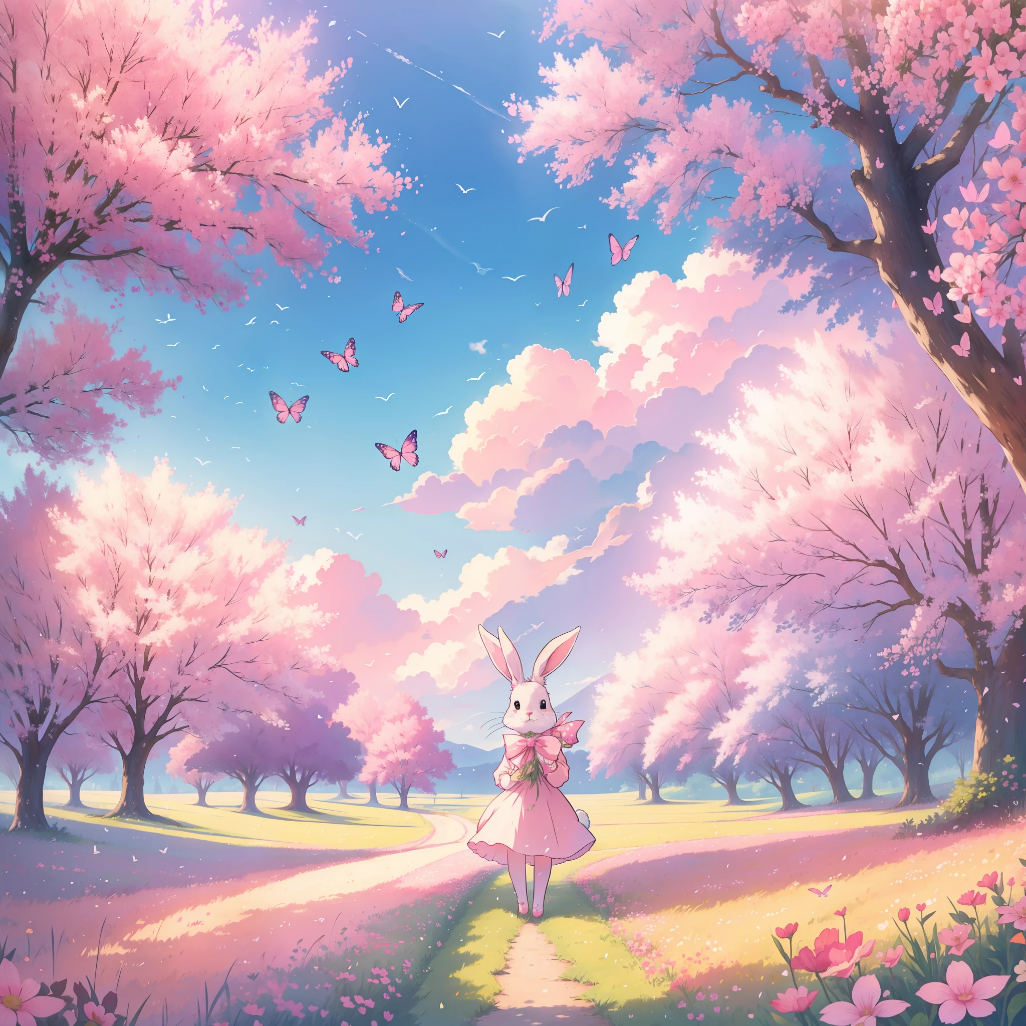 "A romantic rabbit with a pink bow and a heart on its paw in a picturesque field with birds singing and butterflies flying gently. (Estilo: romantico)"