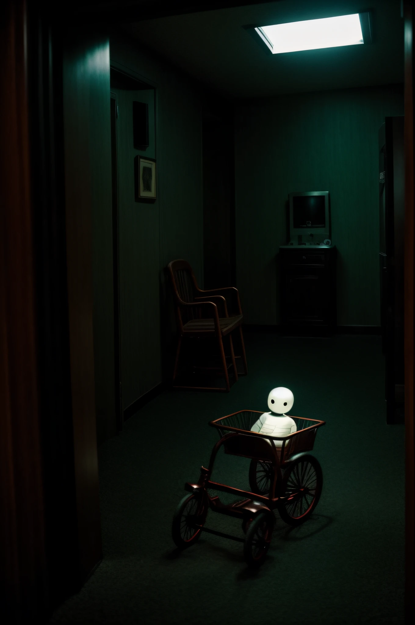 deep in the night、Midnight Hotel、Unmanned hotel lobby、unmanned、Spooky toys on a tricycle、Only one light、Nostalgic but unsettling photos、Images in a dream、uneasy、horor、terrifying、desolate、dark image、Grainy photo、Film Touch、color photograph、wide angles、wide-angle lens、