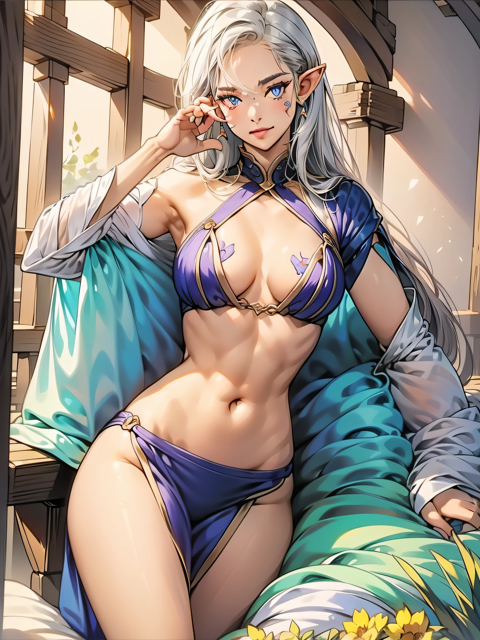 A tall and beautiful elf woman, light blue glowing eyes, cold expression, proud posture, chest up, lavender skin, purple facial tattoos, silver tied hair, exposed chest, exposed shoulders , showing her navel and thighs, looking up at the camera, in a medieval inn.