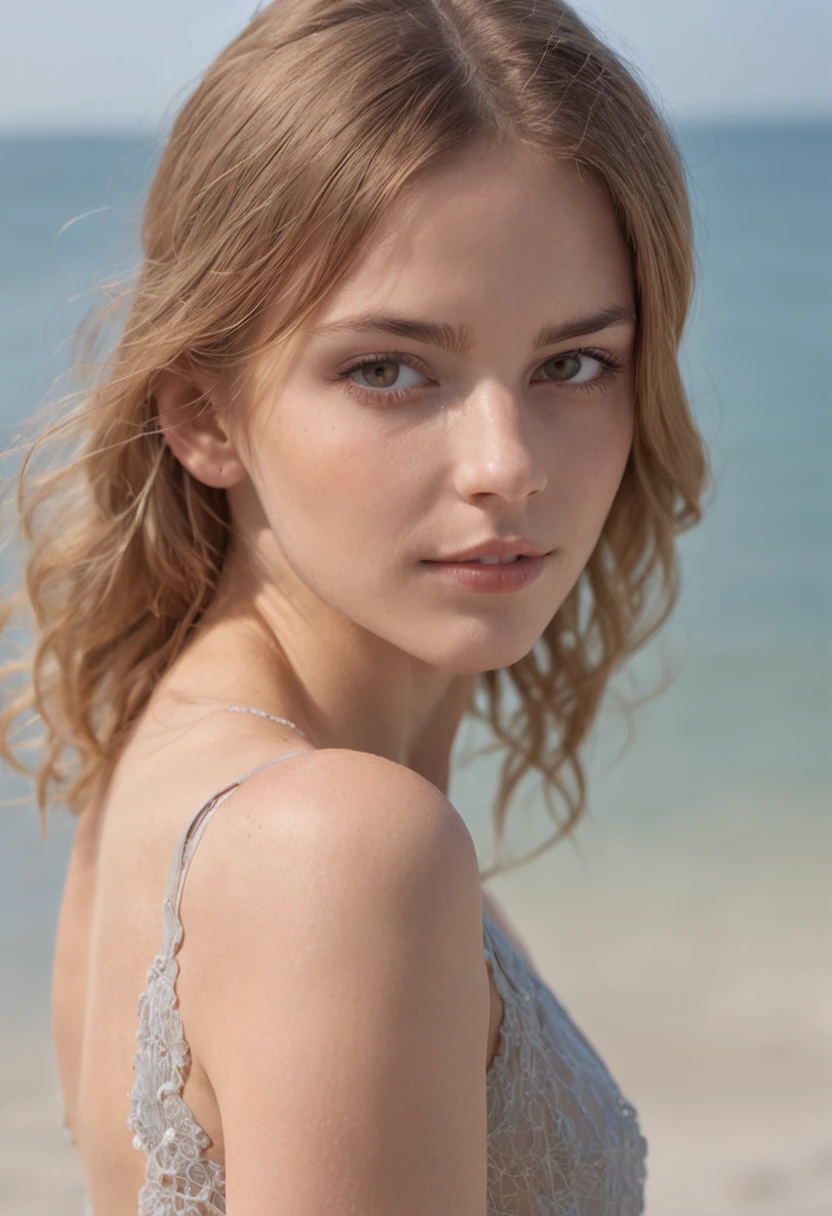 Beautiful maiden Emma Watson, a unique manifestation of youth and vitality, Stand near the water's edge. Silhouettes are etched on the canvas of the horizon, The epitome of age charm and innocence. Her flesh, Once full of energy and vitality, Cascading girl locks the color of sunshine honey, Dressed in a flowing one, Bikini in pastel tones. Her skin was kissed by the warm glow of the sun, Carry radiants, The healthy glow harmonizes with the sand beneath her feet. Her eyes, Shades of ocean blue, Shining with the excitement that only the beach could awaken in her heart. A delicate silver necklace adorns her collarbone, Sparkle like a secret star. Her fingers, Painted in pastel tones,Reminiscent of shells,
