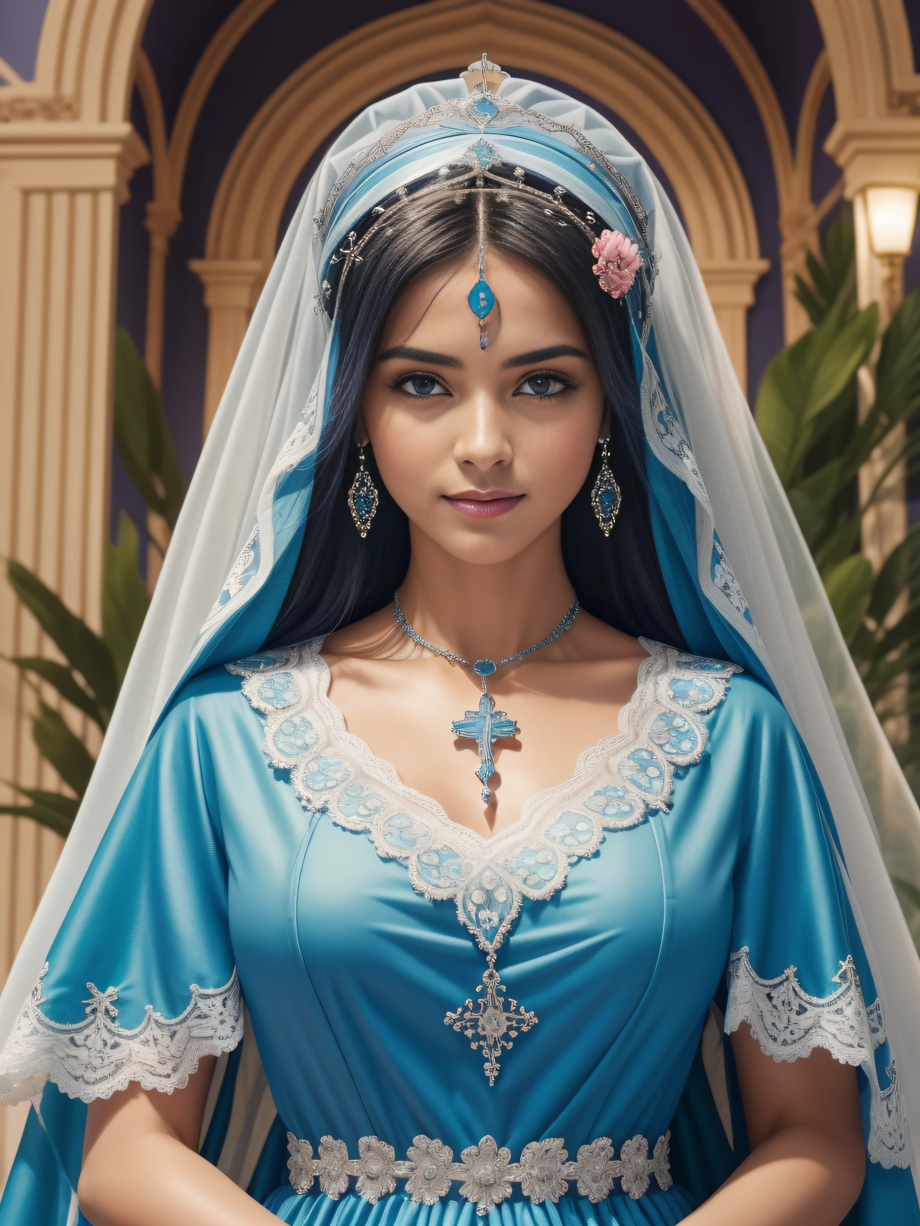 Create an image of Mary with a blue veil on her head and tunic closed to her neck full of lace details: azul claro com branco, Detalhes em dourado,  She wears a pendant hanging from her neck in the shape of a very bright cross, She has a halo of multicolored flowers on the top of her head; an aura in the colors of the rainbow that surrounds your entire body, cabelos pretos e ondulados, olhos claro e fulgurantes. sorriso suave, olhar cativante, imagem celestial. Detalhamento ultra intrincado, 8k, volumeric lighting, cinemactic. Image with resolution of at least 300dpi, intrincado, alto detalhe, Dramatic, imagem vetorial, fundo preto, UHD, realista