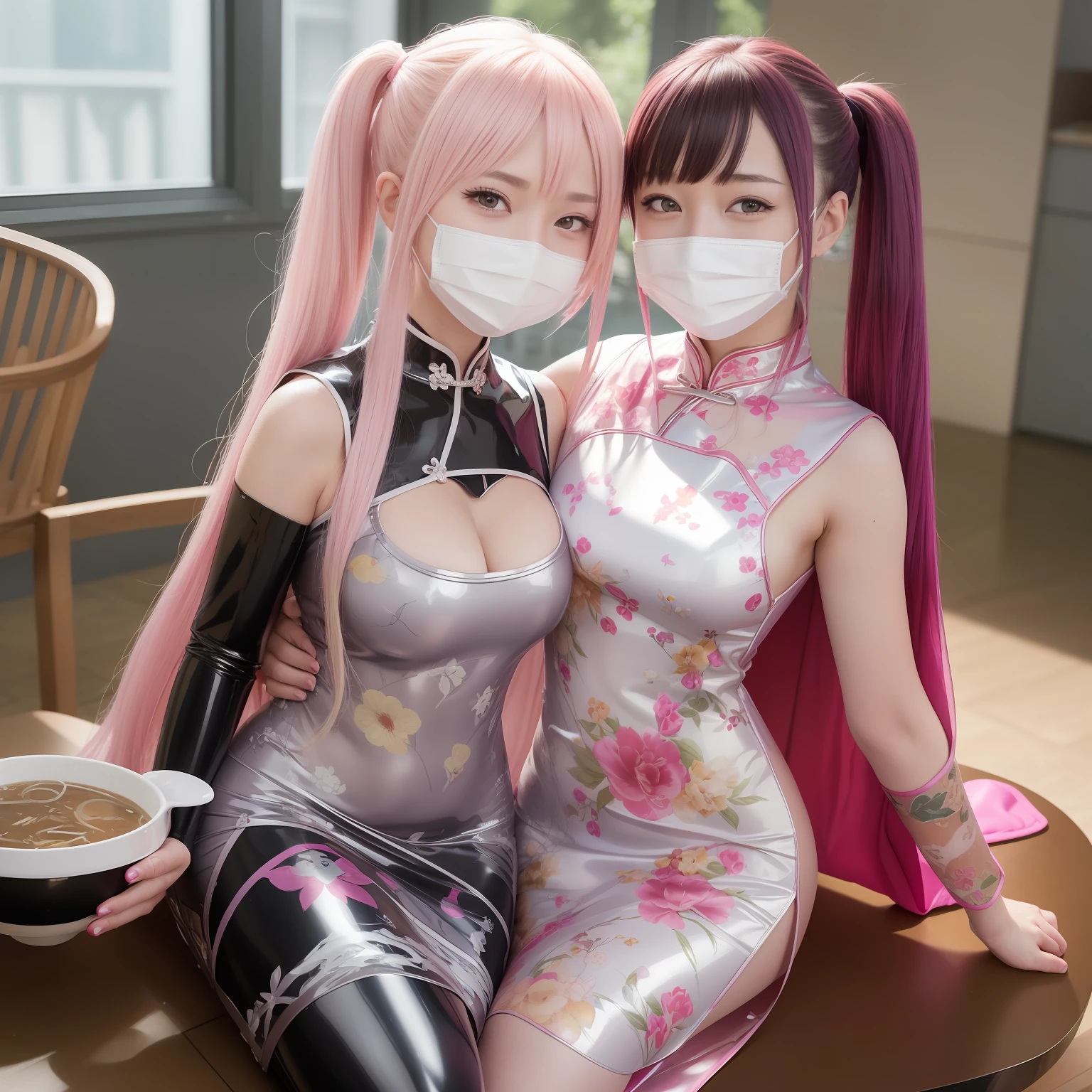 masutepiece,A hyper-realistic,32K,the Extremely Detailed CG Unity 8K Wallpapers, Best Quality,2 girls,(Hugging each other:1.2),(Wearing a colorful latex cheongsam:1.3),(Wear a latex mask:1.2),(Wearing a fishnet tight:1.1),Beautiful shining silver eyes,rainbow twin tails hair,Full body shot, Inside the dyner,Evening glow,Latex Cape,Smile,Holding a bowl with ramen