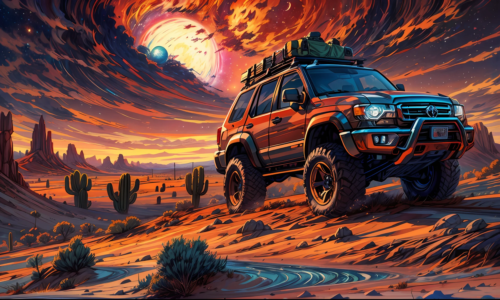 "SUV car, award-winning masterpiece, rendered in anime style with an oil painting effect. The vibrant illustration captures horror in a cosmic atmosphere. The wide shot of the desert location is showcased in high definition and astonishing 64K resolution, panoramic, masterpiece."