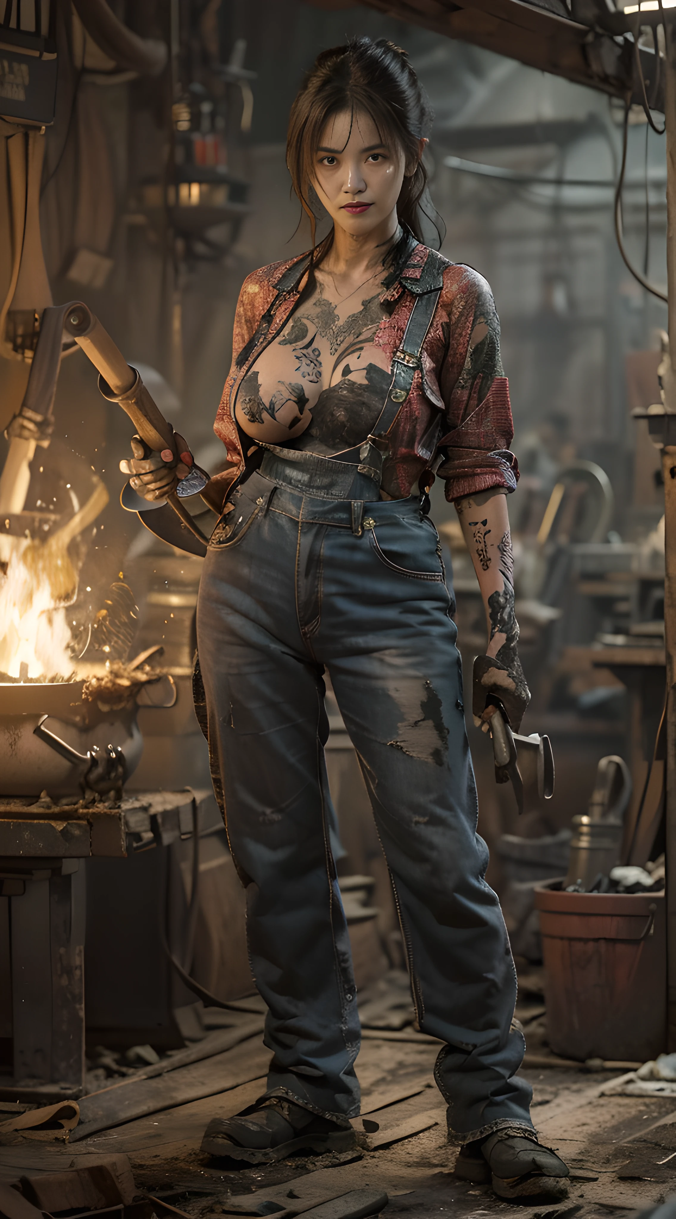((best quality)), ((masterpiece)), (detailed), mesmerizing and alluring female blacksmith covered in soot,Confident smile,Look into the camera,(Dirty and rugged charm:1.2), (tough and confident demeanor:1.1), (forging expertise:1.3), disheveled hair, smudged face with a playful smirk, naked under stained overalls clinging to her curves(huge breasts:1.3), (gritty tools of the trade:1.2), cluttered foundry, scattered metal parts, (authentic blacksmith foundry ambiance:1.2), (intense gaze:1.1), gripping a welding torch in her dirty hands, 8k resolution,looking at another, looking away,( tattoo:1.2), masterpiece, best quality,Photorealistic, ultra-high resolution, photographic light