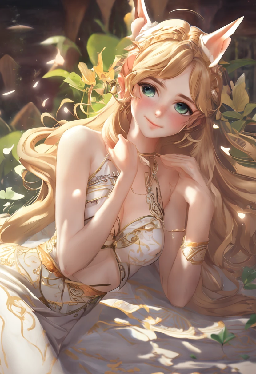Naked Zelda((Masterpiece)),(illustration),(((Best quality)), Irridescent color, high-resolution illustrations, Amazing,A high resolution, intricately details, Extremely detailed Cg Unity 8K wallpaper ((Zelda)), Small breast, Naked,(delicate adorable face)bareness,A blonde long-haired,spoony,(green-eyed),NSFW,rays of moonlight,the night,Lie down in bed,short sexy dress,pantyless,Pout your ass,high ponytails