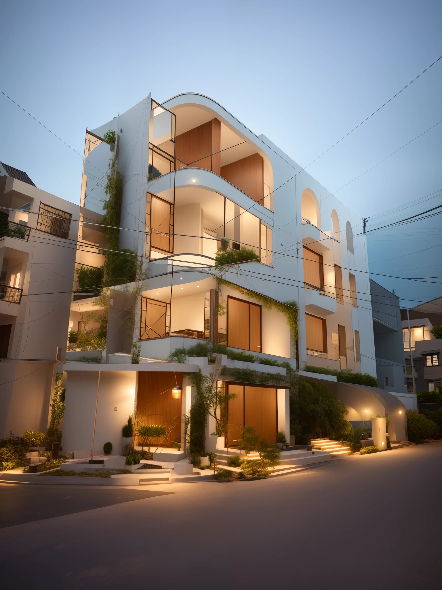 (Townhouse in city ,close houses and trees), daylight ( best quality) ((high solution)) ,(( photo realistic)) ,warm light, (sharp focus) front view of townhouse in style of modern,small house, Narrow area,VietNam,facade, curved arch,beautiful facade,curved windown,narrow and long ,two-storey,mutual colours, soft lighting, warm atmosphere,high Resolution, hyper detailed,4k ,vray render, octane render, hyper realistic, photography expert ,exterior design , professional photography, exterior photography,wide-angle shot , ultra detail , high Resolution , full frame, full body