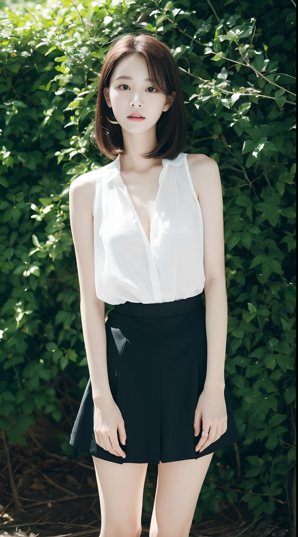 top Quority，Ultra-clear resolution，Clear  eyes，plain face，s the perfect face，White skin，Perfect chest，with perfect legs，Long legs，Short black style skirt，Random environment