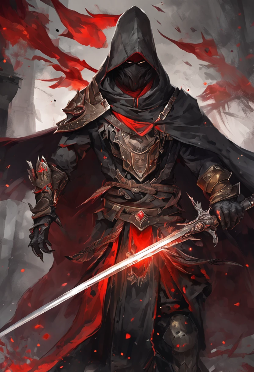 (ultra-detailed CG unit 8k wallpaper, Master parts, Best quality, depth of fields, hdr, 复杂), Tall, The sinister Dark Assassin wears a metal mask,Bright red eyes,Light and dark armor,Behind him he wears a low-key red cloak,Holding a sharp dagger in his arms,Step into the burning village, (复杂: 1.4) (Master parts: 1.4) (illustration: 1.4), Red studio lighting, Post-processing, 8K resolution, deep dark background, imponent, Well-composed photos, Impressive, dark fantacy (director: greg rutkovsky: 1.2), (darken: 1.5)