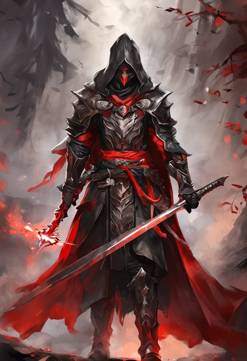 (ultra-detailed CG unit 8k wallpaper, Master parts, Best quality, depth of fields, hdr, 复杂), Tall, The sinister Dark Assassin wears a metal mask,Bright red eyes,Light and dark armor,Behind him he wears a low-key red cloak,Holding a sharp dagger in his arms,Step into the burning village, (复杂: 1.4) (Master parts: 1.4) (illustration: 1.4), Red studio lighting, Post-processing, 8K resolution, deep dark background, imponent, Well-composed photos, Impressive, dark fantacy (director: greg rutkovsky: 1.2), (darken: 1.5)