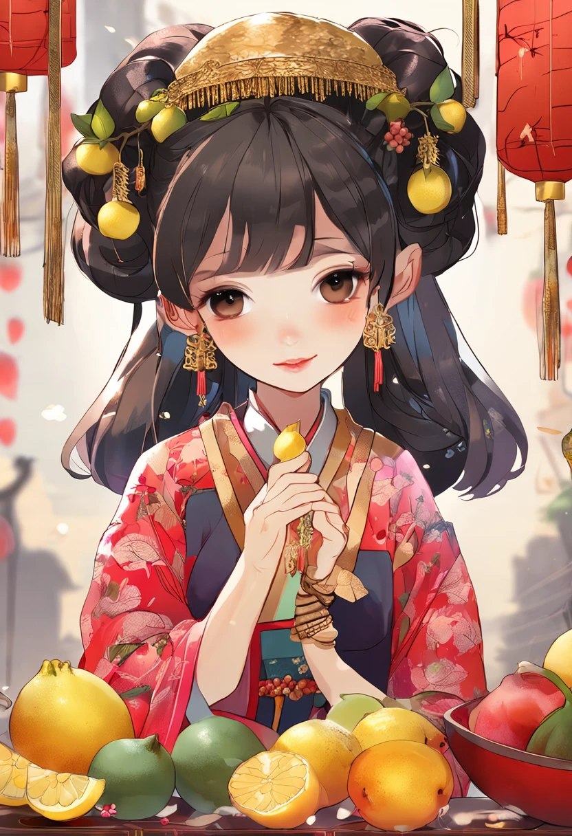 (masterpiece, best quality), 1 girl, Chinese dress, upper body, makeup, hair ornament, black hair, holding ginger root and lemon fruit on each hand, fruit, ginger, lemon, detailed face, beautiful, perfect face.