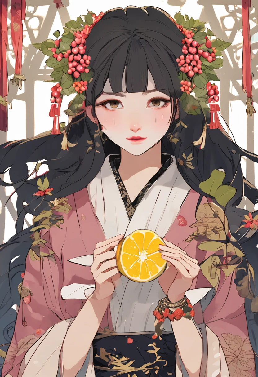 (masterpiece, best quality), 1 girl, Chinese dress, upper body, makeup, hair ornament, black hair, holding ginger root and lemon fruit on each hand, fruit, ginger, lemon, detailed face, beautiful, perfect face.