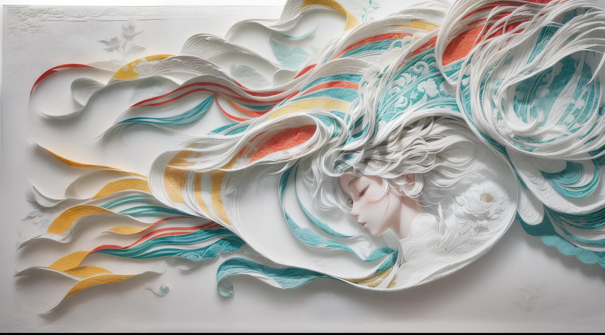 illustration: 1.3), paper art, 3D rendering of, snowy mountain background, (Beautiful side face,closing her eyes: 1.3), Colorful, Best quality, Detailed details, Masterpiece, offcial art, movie light effect, 4K, Chiaroscuro , Flash