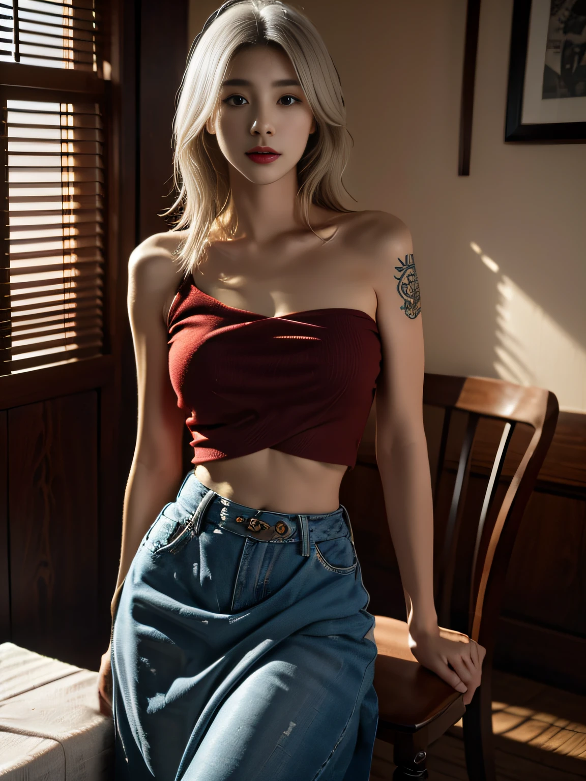 （tmasterpiece，top Quority，best qualtiy，offcial art，depth of fields，Beautiful and aesthetic：1.2），Pinnacle rendering，Realistic rendering，（1girl），Extremely detailed，Colorful，highestdetailed，offcial art，统一 8k 壁纸，ultra - detailed，is shy，shy，Be red in the face，Beautiful and aesthetic，big breasts beautiful，tmasterpiece，best qualtiy，cropped shoulders，white color hair，（zentangle，datura，Tangles，entangled），Cloth，Fingers are all hidden and not displayed，Small mouth closed，binding，shackle，a chair，Tattooed with，Tattooed with，Tattooed with，