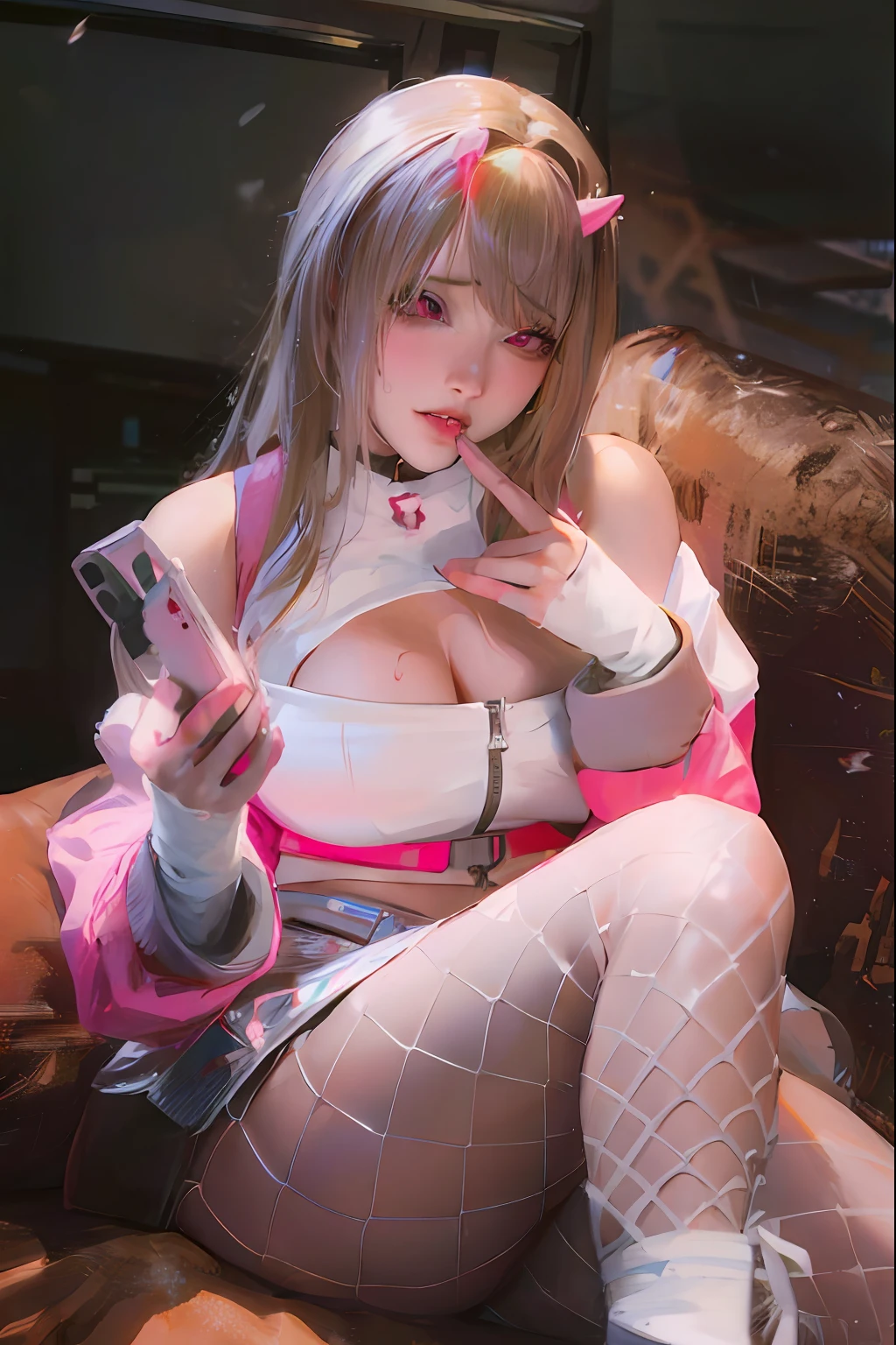there is a woman sitting on a couch with a cell phone, Anime girl cosplay, an oppai cyberpunk, as an overwatch character, Anime cosplay, trending at cgstation, cosplay, Ayaka cosplay, sakimichan, trending on cgstation, female cyberpunk anime girl, cyberpunk anime girl, from overwatch, anime barbie in white stockings, e - girl, E-Girl