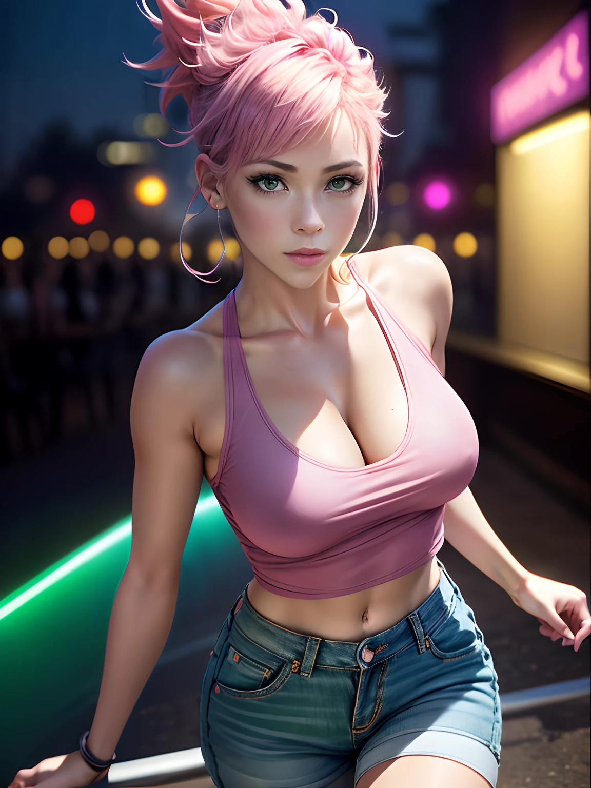 portrait lone (P!nk) as (buruma_brief_older Buruma_DBZ_Buu)1.4, (cleavage small_breasts, stylish long haircut, crop-top, Jeanpan, pantyhose)1.2 (dressed as night club dancer )1.2, training to dance, front view, (high detailed skin:1.2)(realistic pupils,realistic iris:1), 8k, aqua_hair, studio lights, glowing colors, glowing skin, pastel color, colorful, many different colors, (red:1.3, green:1.1, blue:1.2)