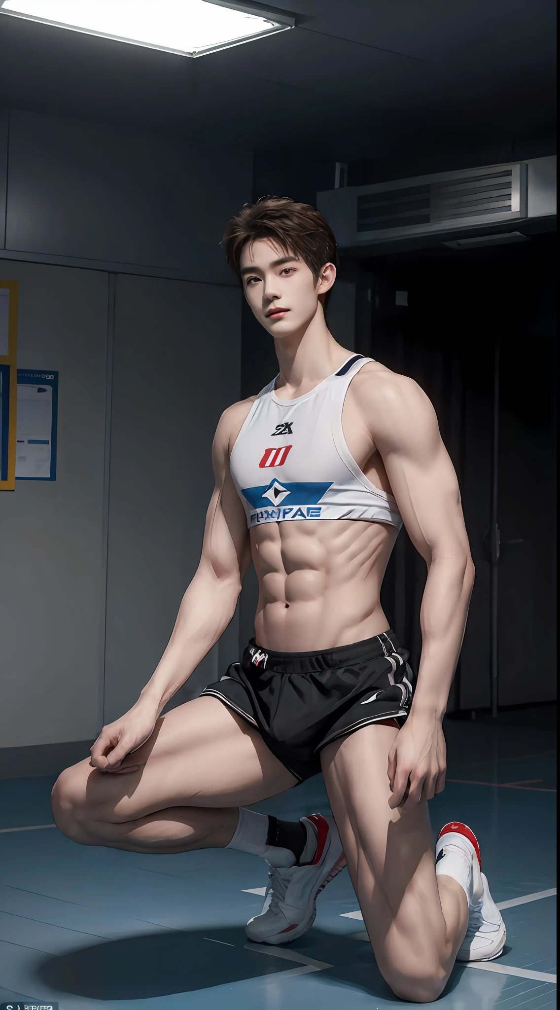 (((Best quality))),(((Ultra detailed))),(((Masterpiece)))，（Cute tall Shota：2），The height of a volleyball player，Bodybuilding champion，solo person，（full bodyesbian：3），（Stay away from the lens：3），Expose your legs，（revealing the whole body：2），（Frontal heads-up view：1.2），malefocus，（looking at viewert），18yr old，（Tall：3），（Tall guy：2），Super tall，（Height 300 cm：2），Excellent body proportions，muscular physique，（1.The shoulders are 5 times wider：1.2），Large trapezius muscles，（Slender straight legs：2.5），Slender feet，small heads，musculous，（The face of the animated male protagonist），Pure face，（Very detailed beautiful face and eyes：2），（Big bright eyes：2），Sharp eyeliner，Clear and beautiful face，exhilarated，（Happy smile：3），short detailed hair，（Correct facial features），（tilts your head：1.5），（Men's sweaters：2)，Long white socks，Nike board shoes，（Muscle firming：2），Strong，（Wide shoulders and narrow waist：2.2），Sports men's socks，Detailed muscle texture，Highlights muscle structure，in a subway，（kneeling down：4），（full length shoot），ultra-realistic realism, (Photorealistic detail), Incredible accuracy, lifelike textures, masterful technique, Jaw-dropping precision, artistic dedication，（anatomy correct），Good lighting，exquisite detailing，Best quality，stunning masterpiece，CG，（Colored screen）