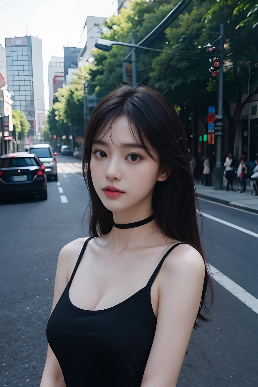 best quality detail:1.2, reality, 8K  UHD, High-res, 1girl in:1.2, Special details lurking, High-quality surface, intricately details, A detailed, Very detailed CG, Highqualityshadow, Detailed beautiful delicate face, depiction: Beautiful delicate eyes, Deep depth of field, Thunder bang bang, in her 20s...., Beautiful Hallyu girl, Korean Urzan face:1.1, Slender face, Urzang-6500-V1 version.1:0.6, PureErosFace_V1, glowing light eyes, teak, Glossy lips, perfect bodies, choker necklace、Breast cleavage、 Brunette hair、Ponytel:1.1, Road, Particle, view the viewer., Real light:1.4, Hyper-detailing, photo-realistic, 4K 8K Ultra HD full-color RAW photos, Fuji Film(Medium format:1.2), hasselblatt:1.2, Carl Zeiss:1.1, Stunning dynamic range photography(utility_The art of SMUS-768:1.1), High-res, high pixel count, Clear details, clear photo, Natural color reproduction, denoised, High fidelity, quality, Software updates, downsizing, Optimization algorithm, professionally retouched、((Shibuya, toyko))、On the way to shopping、((Fashion clothing with a very high design....))、graphic tees: art & logo、Graphic t-shirts printed with anime characters are trending.....、Create a unique look....