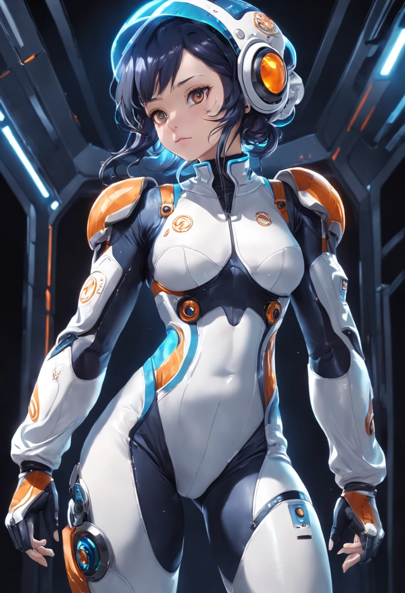 White combat suit with blue pattern, pretty girl, Pixie Cut Hair, Small breasts, Flat Chest, Outdoor, blue sky, Canon, masterpiece, high quality, Attention to detail, Textured skin