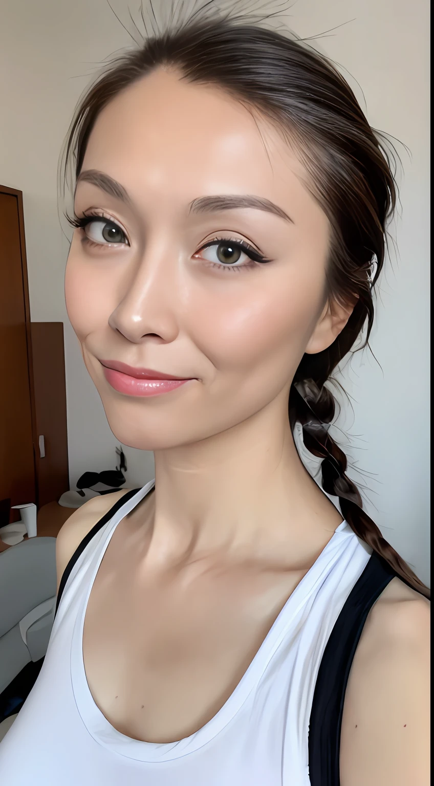 ((Best quality, 8k, Masterpiece :1.3)), Sharp focus: 1.2, Perfect Body Beauty: 1.4, Slim Abs: 1.2, ((Hairstyle, side braid:1.2)), (Tank top shirt:1.1), (Street: 1.2), Highly detailed face and skin texture, Fine eyes, Double eyelids, Wearing white glasses, sitting cross-legged in the room