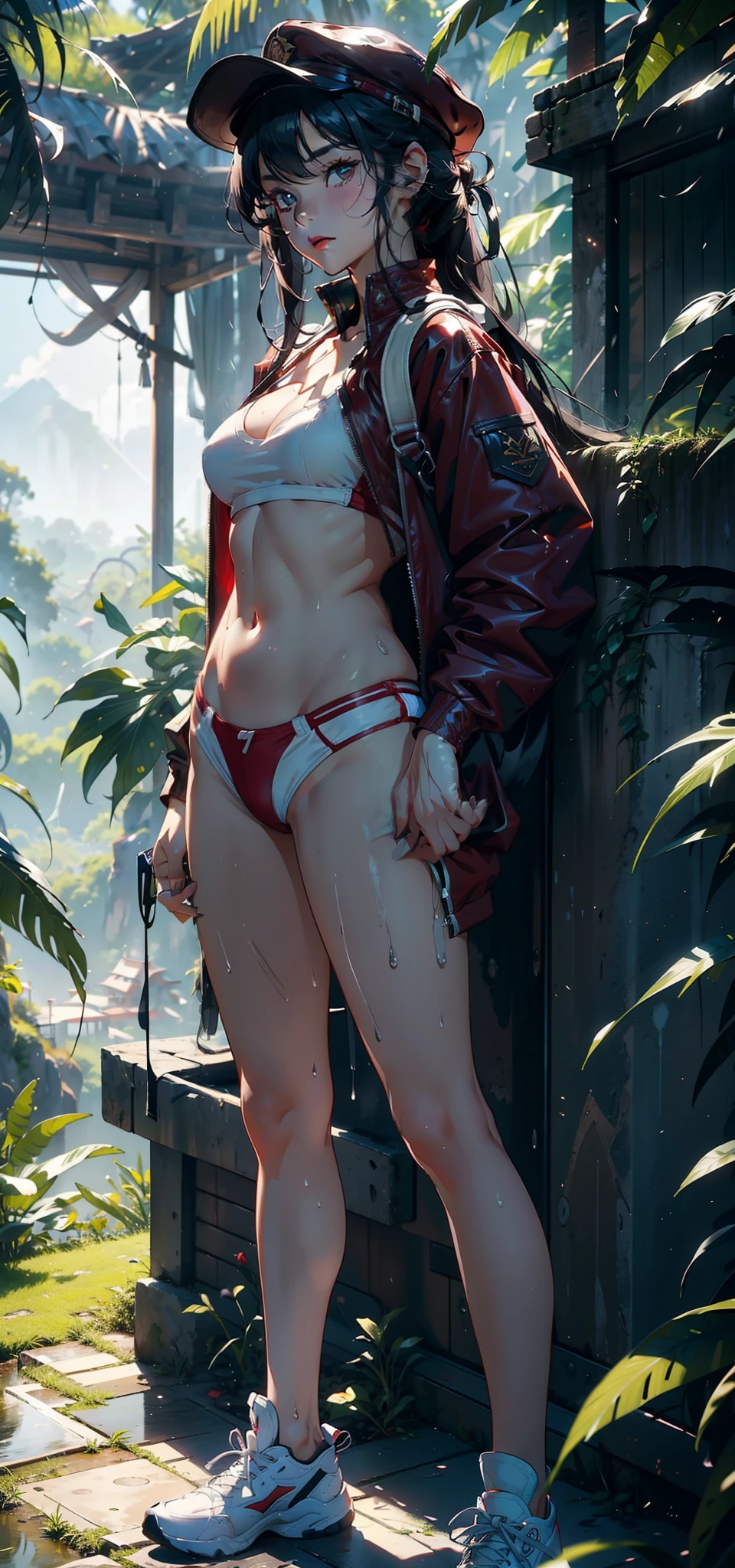 1female，19 years old，teens girl，super adorable，Bigchest ，Pornographic exposure， 独奏，（Background with：hilltop，the rainforest，in summer，Standing water on the ground，exteriors） Feel free to hairstyle，legs are open，Sweat profusely，drenched all over the body，seen from the front，Long black hair ， mostly cloudy sky，（（（tmasterpiece），（Very detailed CG unity 8K wallpaper），best qualtiy，cinmatic lighting，detailed back ground，beatiful detailed eyes，Bright pupils，（Very fine and beautiful），（Beautiful and detailed eye description），ultra - detailed，tmasterpiece，）），facing at camera，A high resolution，ultra - detailed）nakeness，with no underpants，revealing breasts，Bare genitalia， Bulge，Camel toes，Raised sexy，Lewd expression，frontage，White military cap（Wearing：Red aviator short jacket，White bikini shorts，）Full body photo，Show shoes