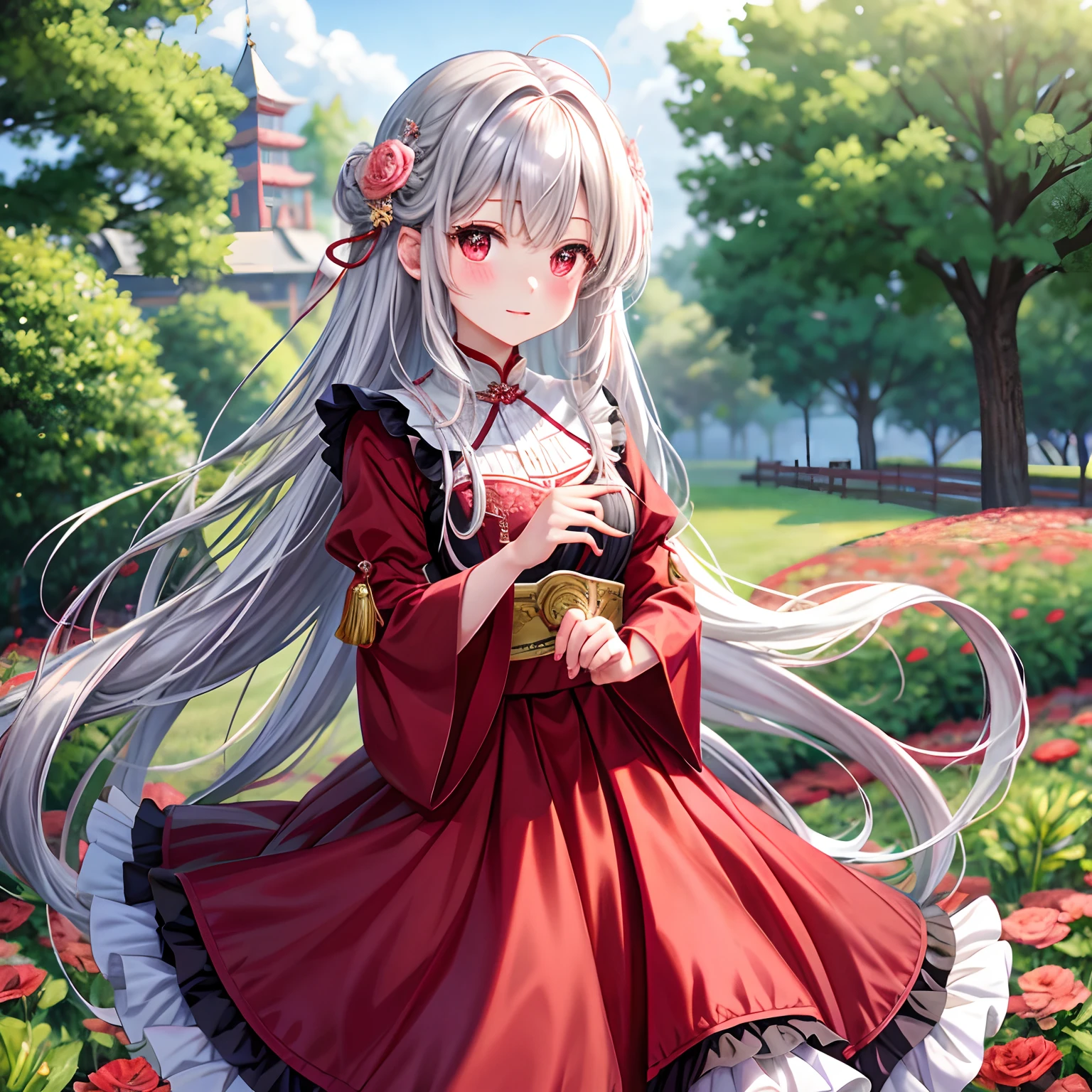 red blush、wavy silver hair、red eyes、Beautiful girl alone、animesque、独奏、western clothes、skirt by the、flower  field、