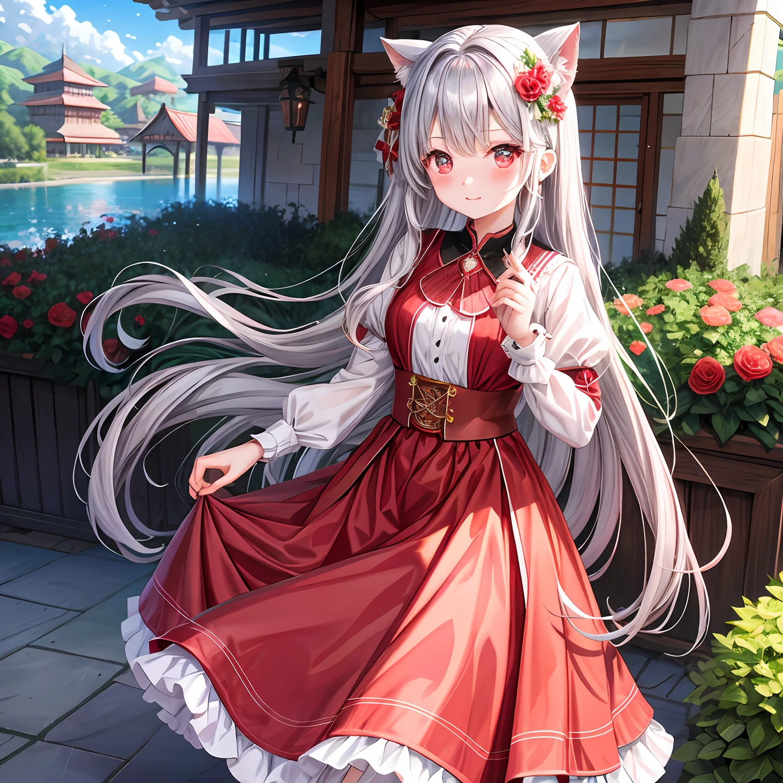 red blush、wavy silver hair、red eyes、Beautiful girl alone、animesque、独奏、western clothes、skirt by the、flower  field、