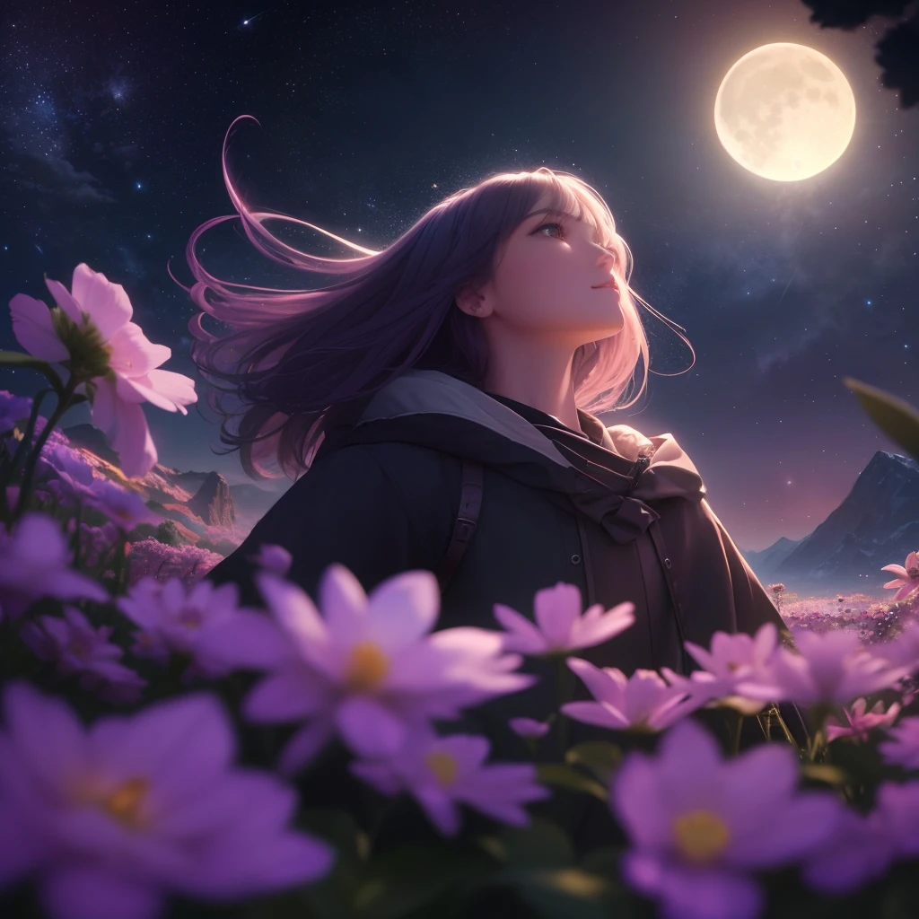Expansive landscape photograph, (view from below with a view of the sky and wilderness below), girl standing in a flower field looking up, (full moon: 1.2), (shooting star: 0.9), (nebula: 1.3), distant mountain, tree break production art, (warm light source: 1.2), (firefly: 1.2), lamp, purple and orange, intricate detail, volume lighting, realism break (masterpiece: 1.2) (Best Quality), 4K, Ultra-Detailed, (Dynamic Configuration: 1.4), Highly Detailed and Colorful Details, (Iridescent Colors: 1.2), (Glowing Lighting, Atmospheric Lighting), Dreamy, Magical, (Solo: 1.2)