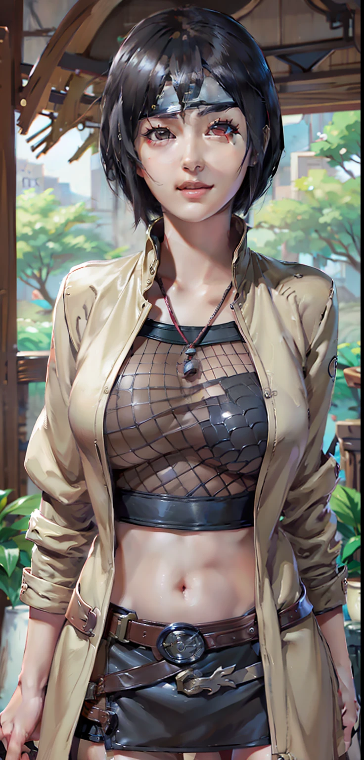 1girl, anko in anime naruto, short hair, sexy dress, black hair, brown eyes, smile, beautiful, brown clothes, very big breast, sexy clothes, realistic clothes, detail clothes, indoor wallpaoer, wallpaper realistic, wallpapaer detail, indoor background, ultra detail, realistic