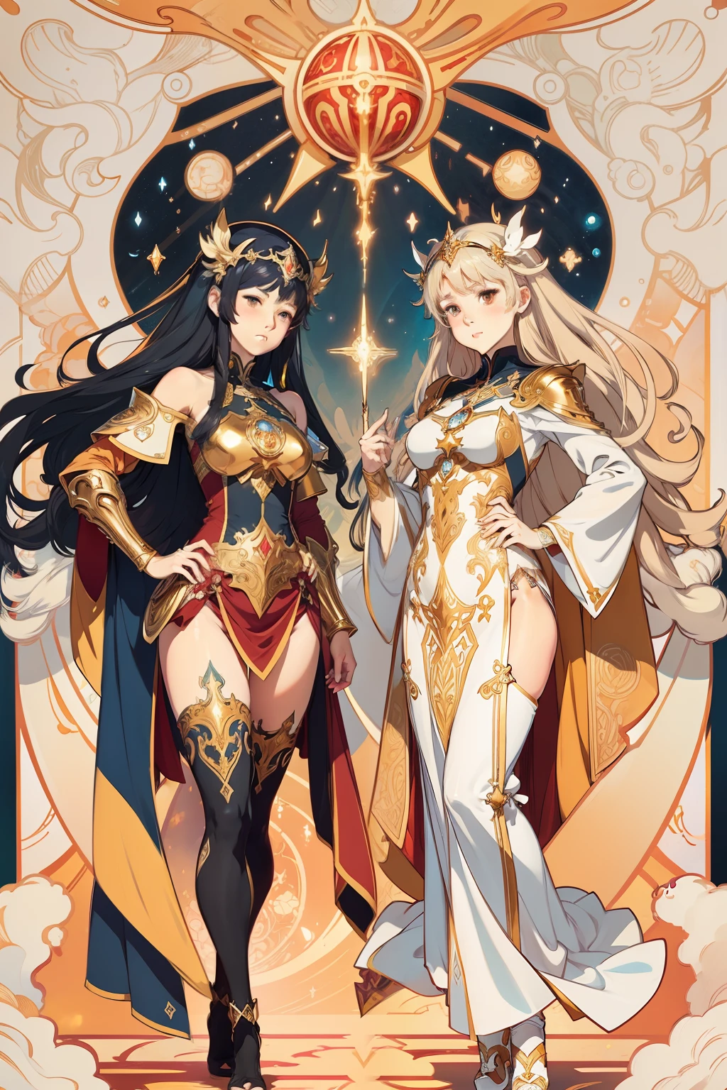 arafed image of a twin womans with a star ball in her hands, alphonse mucha and rossdraws, mucha style 4k, artgerm mucha, korean art nouveau anime, portrait knights of zodiac girl, goddess. extremely high detail, anime fantasy illustration, detailed digital anime art, gorgeous goddess of leo, anime art nouveau, talor liner, stick liner, clear line. perfect post leg and shose. backgourd no face. red gold outfit,
