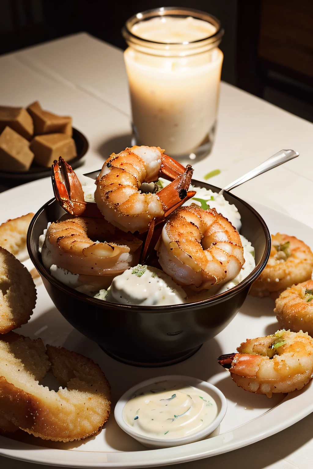 style: close-up shot | genre: gourmet | emotion: tempting | scene: fried shrimp platter with tartar sauce | tags: high-end food photography, celan composition, dramatic lighting, luxurious, elegant, mouth-watering, indulgent, gourmet | camera: nikon z7 | focal lenght: 105mm | shot type: close-up | composition: centered | lighting: soft directional light | production: food stylist | time: evening | location type: interior